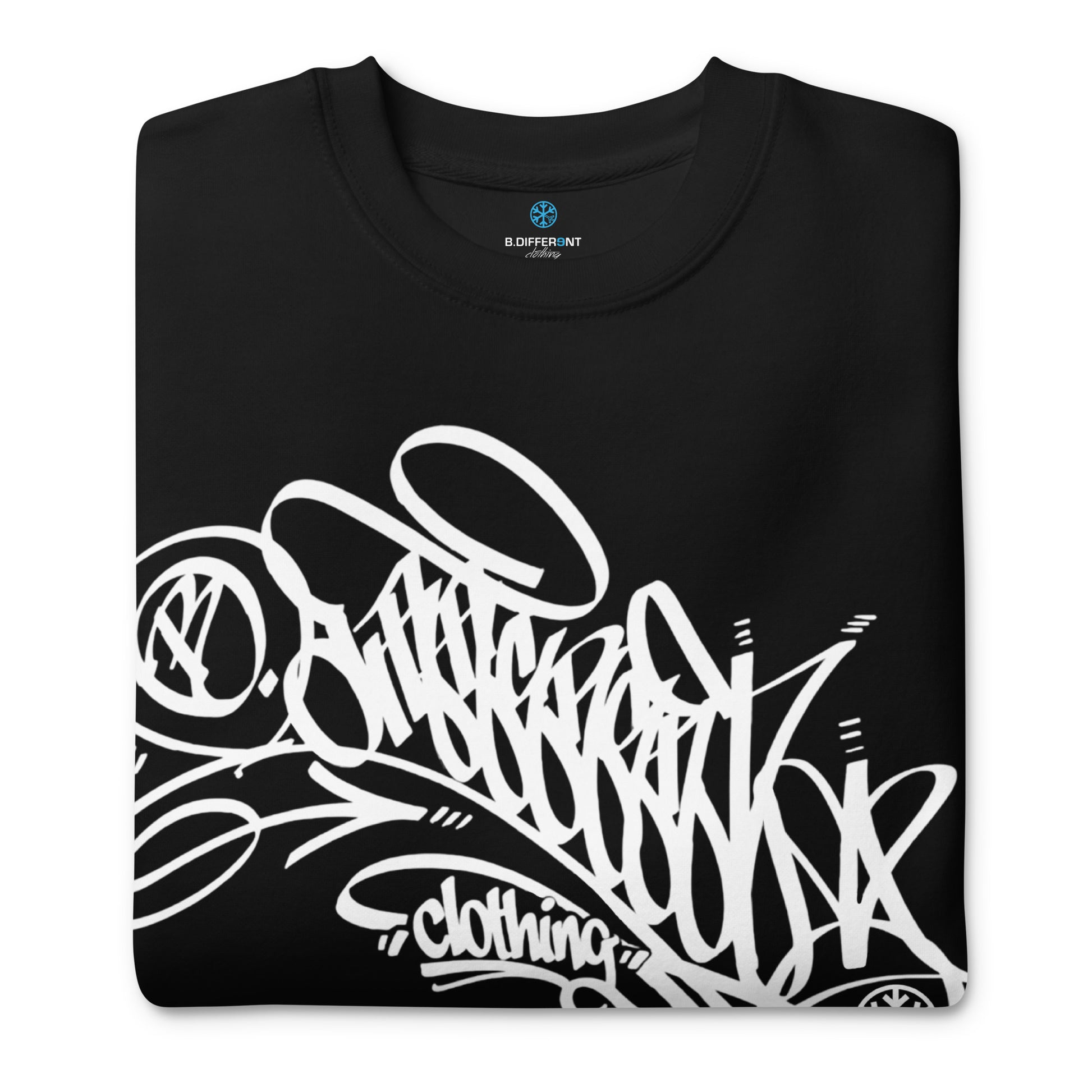 Black-B.Different Clothing Graffiti Tag Sweatshirt from B.Different Clothing, folded, graffiti-inspired streetwear