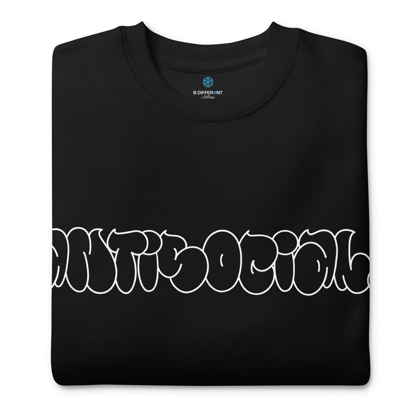 Black-Antisocial Graffiti Hollow Sweatshirt from B.Different Clothing, folded, graffiti-inspired streetwear