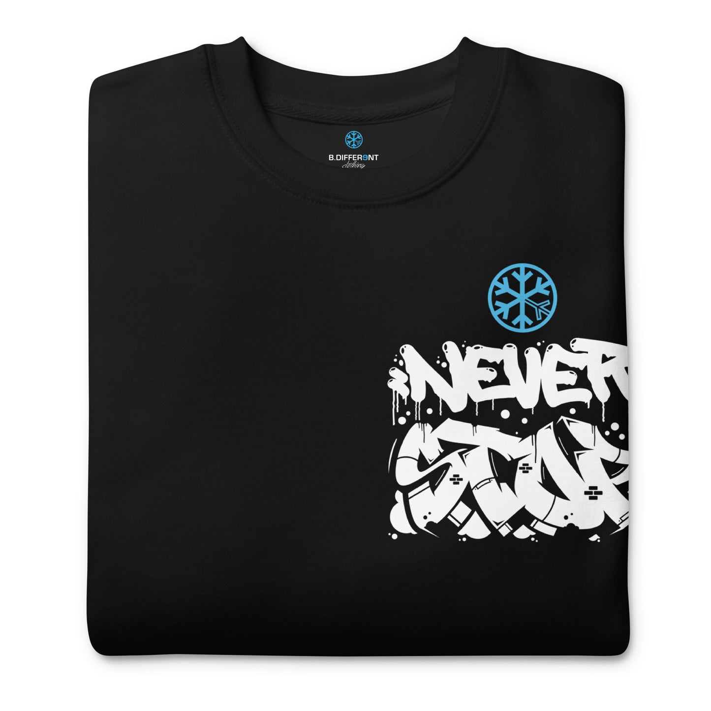 Black-Never Stop Graffiti Character Sweatshirt from B.Different Clothing, folded, graffiti-inspired streetwear
