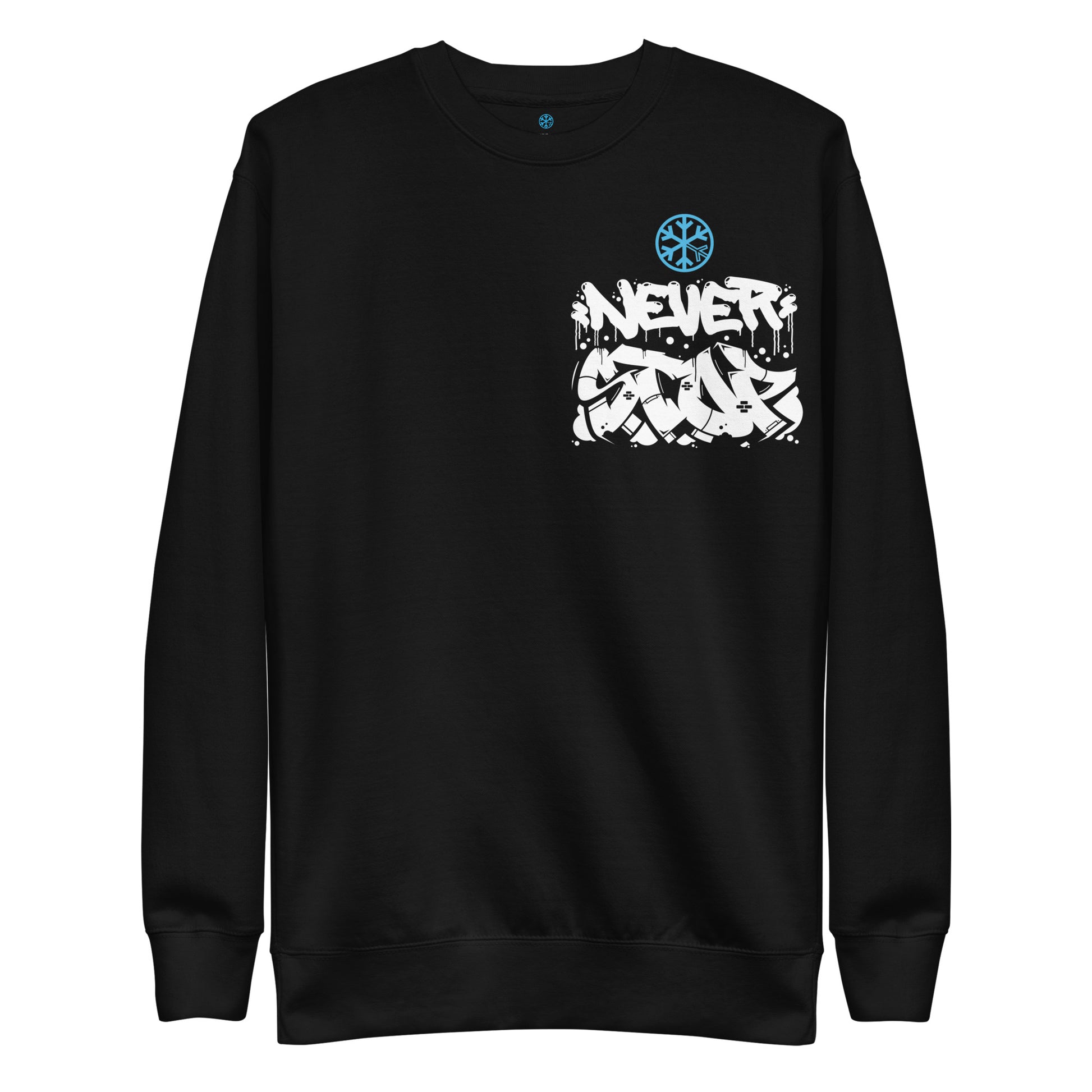 Black-Never Stop Graffiti Character Sweatshirt from B.Different Clothing, front view, graffiti-inspired streetwear