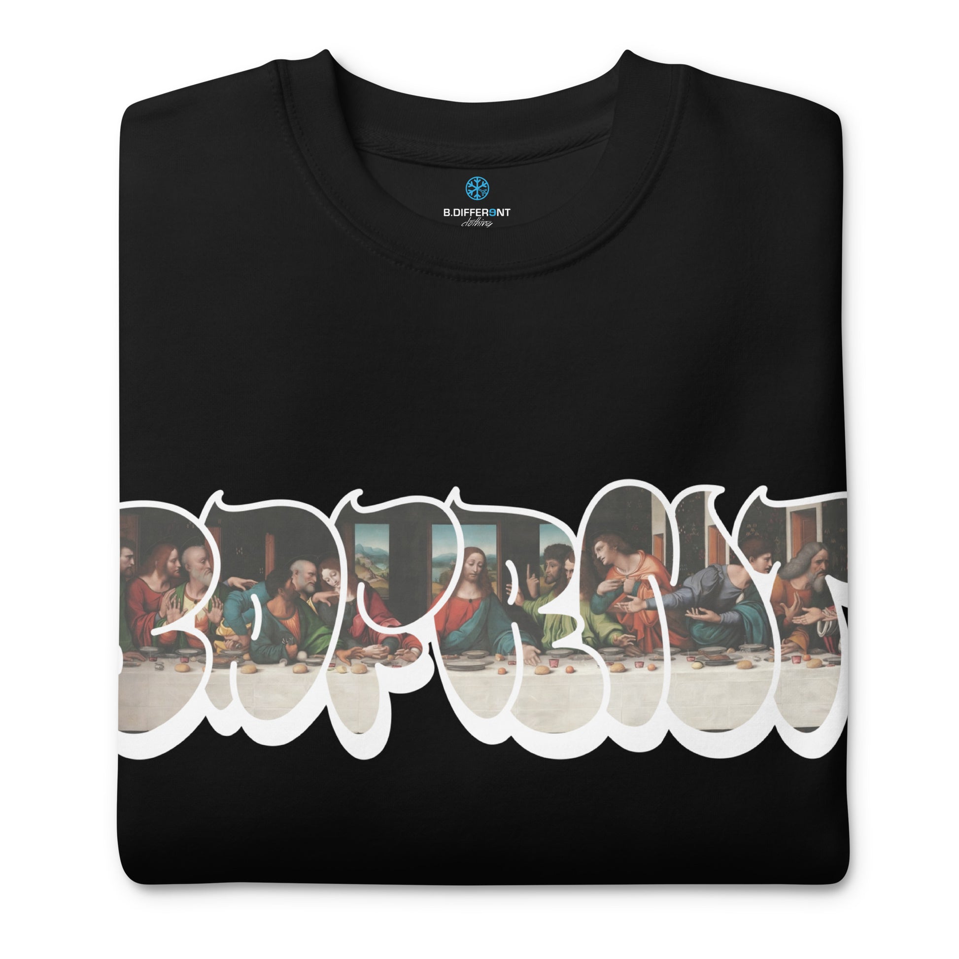 Black-BDFRNT Throwie x Last Supper Graffiti Sweatshirt from B.Different Clothing, folded, graffiti-inspired streetwear