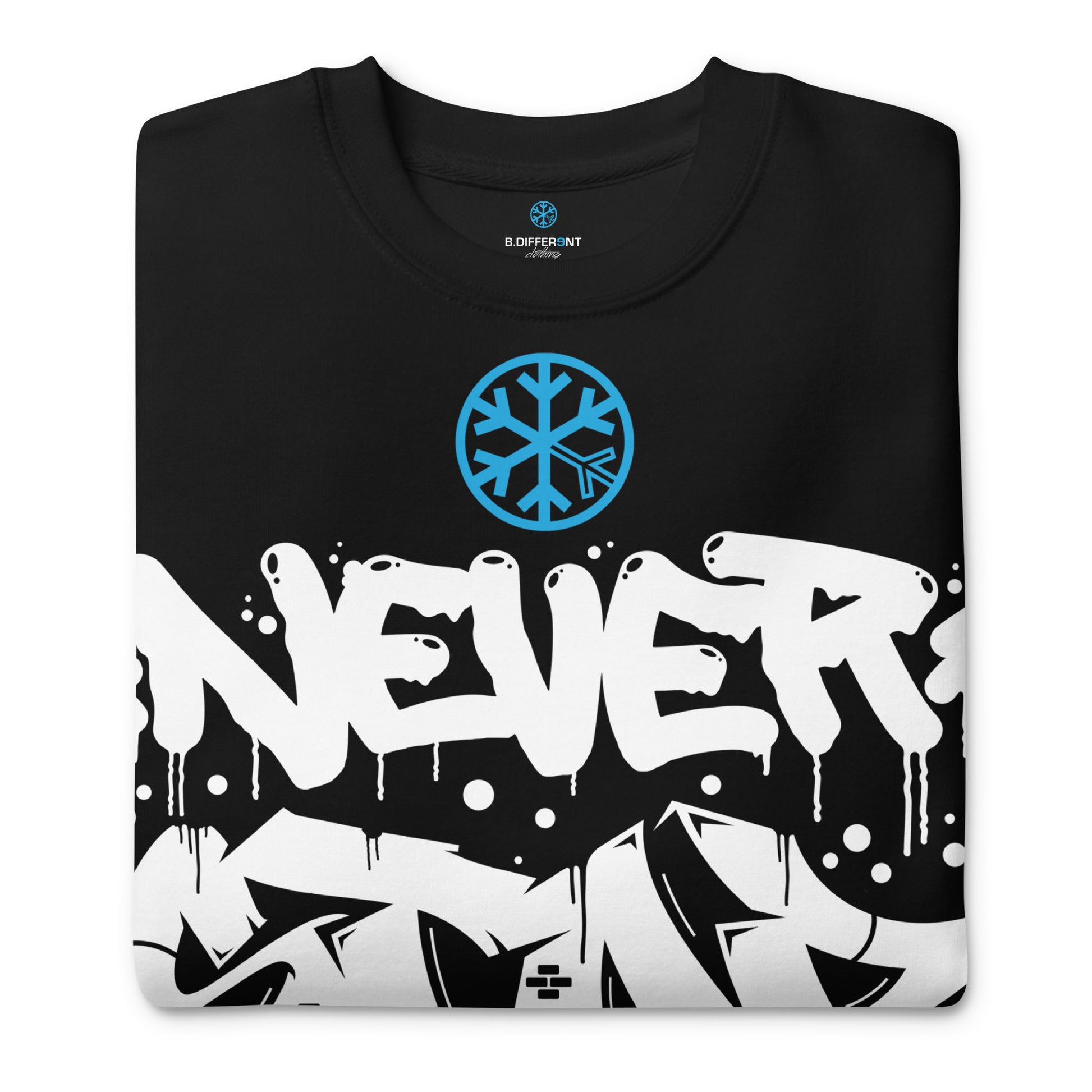 Black-Never Stop Graffiti Piece Sweatshirt from B.Different Clothing, folded, graffiti-inspired streetwear