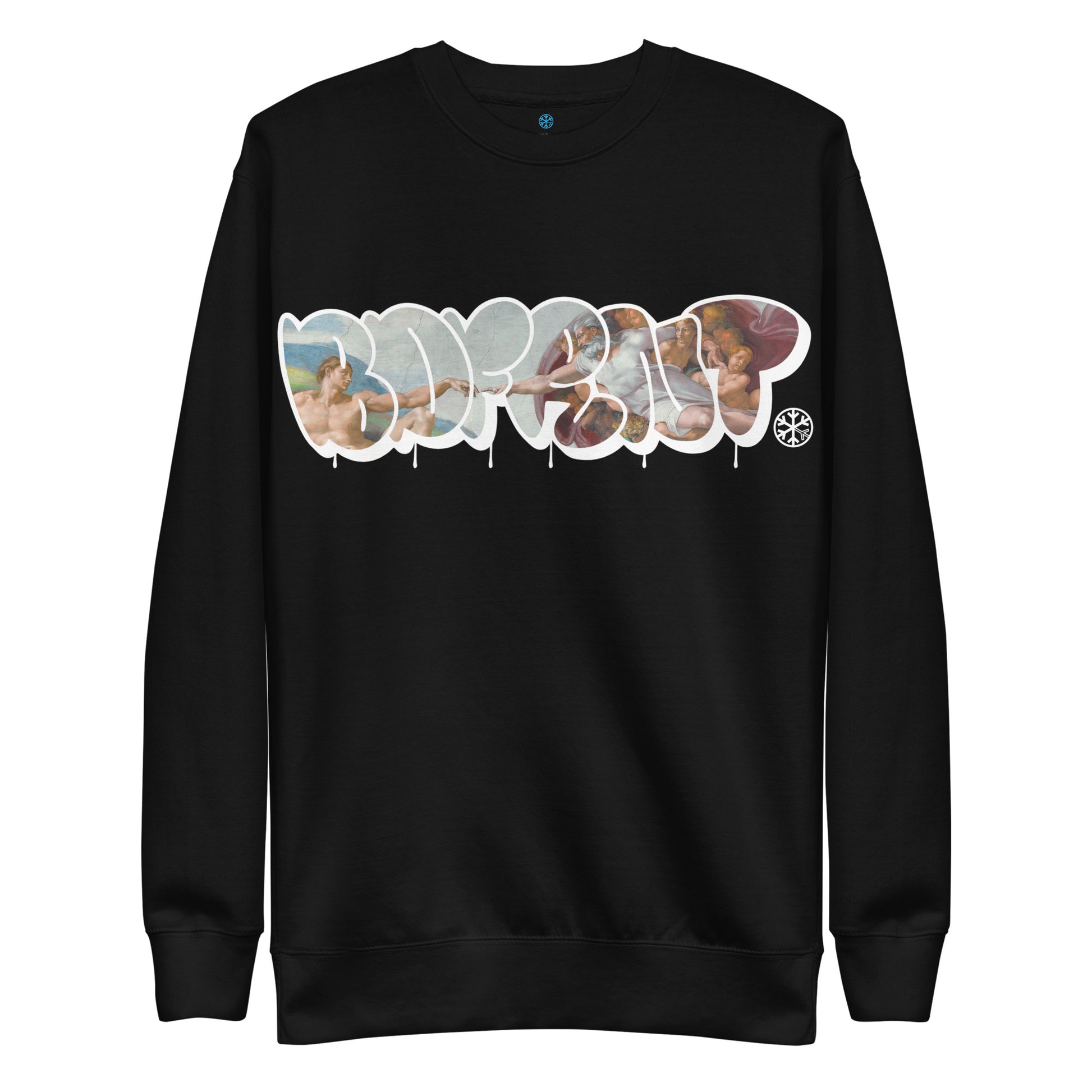Black-BDFRNT Throwie x Creation of Adam Graffiti Sweatshirt from B.Different Clothing, front view, graffiti-inspired streetwear