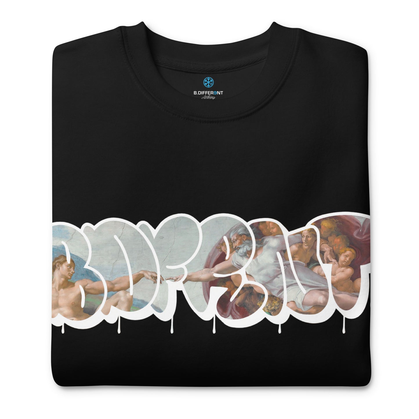 Black-BDFRNT Throwie x Creation of Adam Graffiti Sweatshirt from B.Different Clothing, folded, graffiti-inspired streetwear