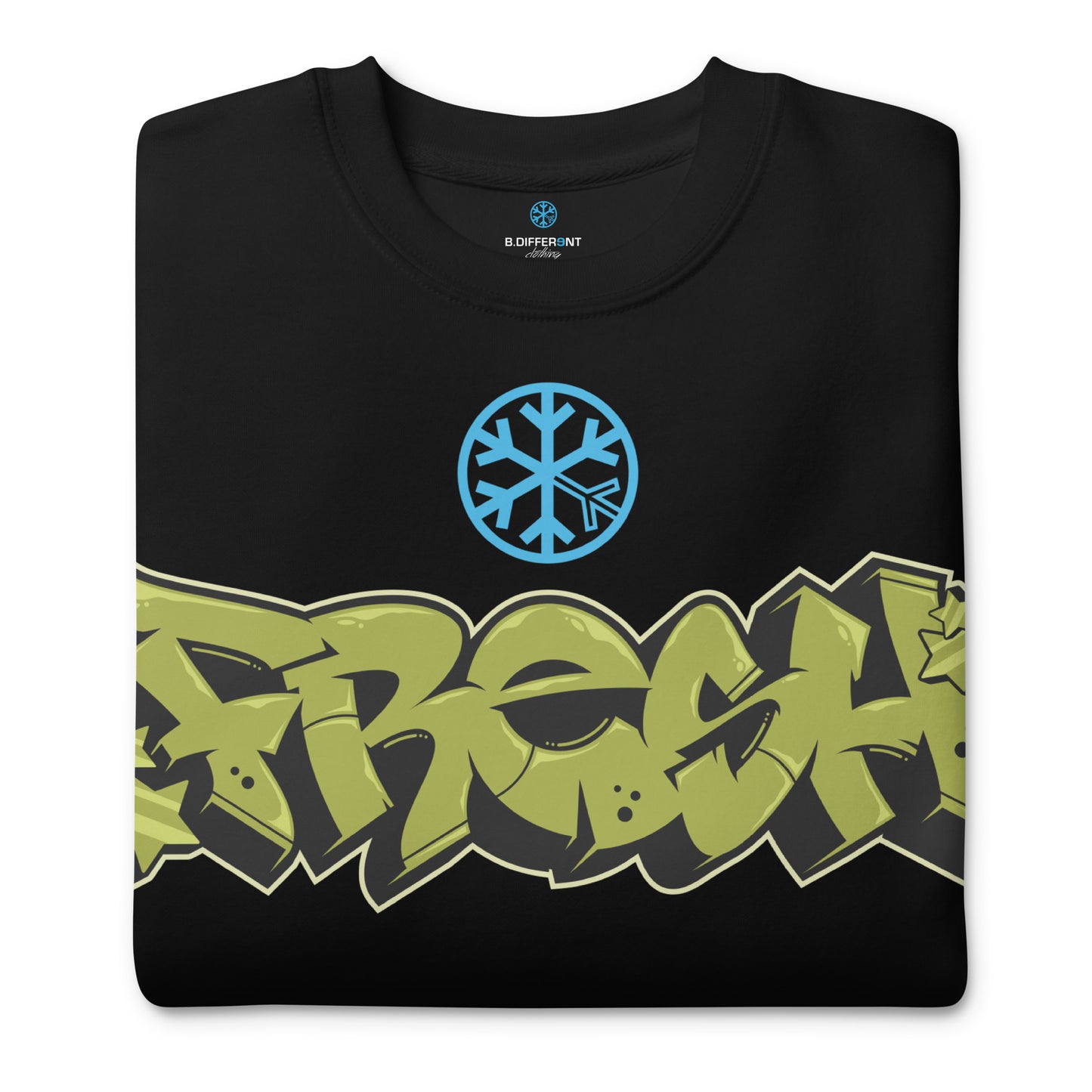 Black-Fresh Graffiti Piece Sweatshirt from B.Different Clothing, folded, graffiti-inspired streetwear