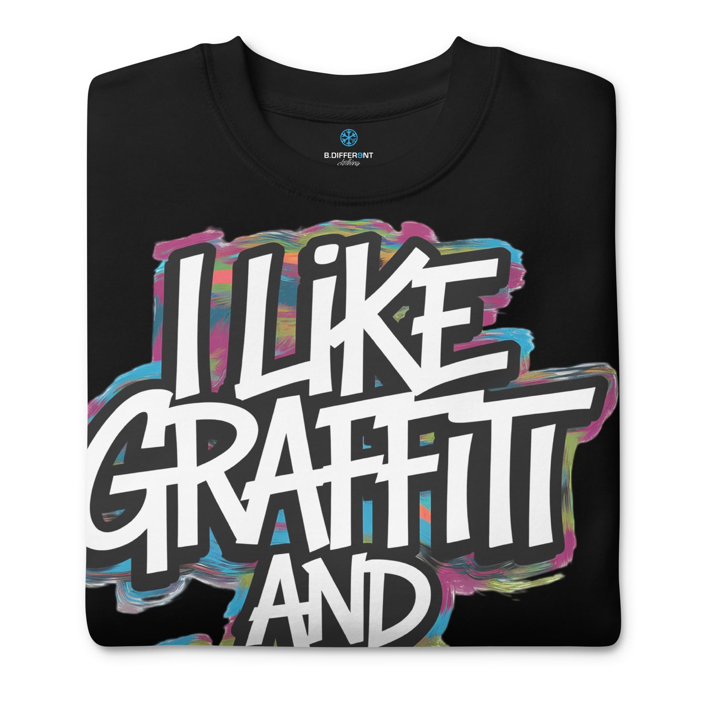 Black-I Like Graffiti and Maybe 2 People Sweatshirt from B.Different Clothing, folded, graffiti-inspired streetwear