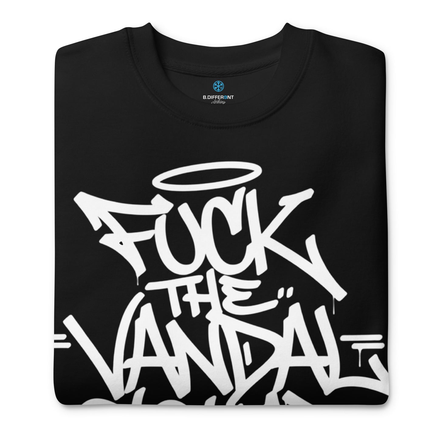 Black-Fuck The Vandal Squad Graffiti Sweatshirt from B.Different Clothing, folded, graffiti-inspired streetwear