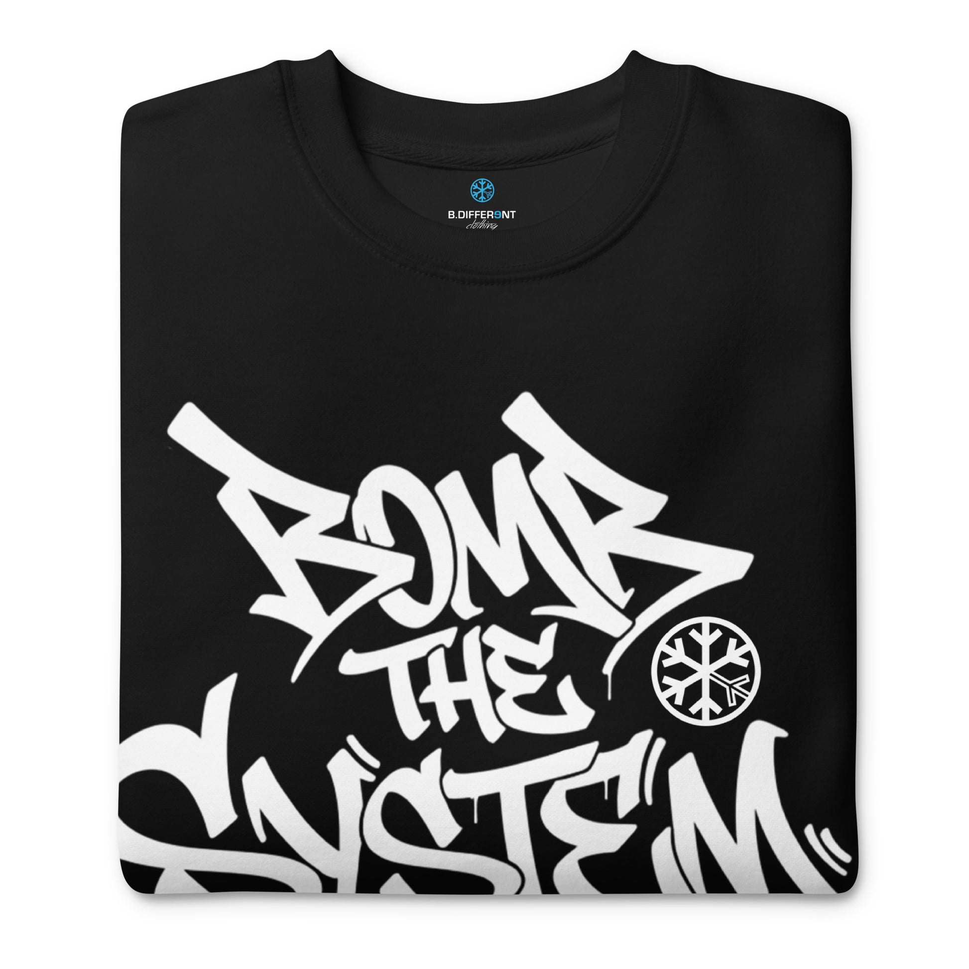 Black-Bomb The System Graffiti Sweatshirt from B.Different Clothing, folded, graffiti-inspired streetwear