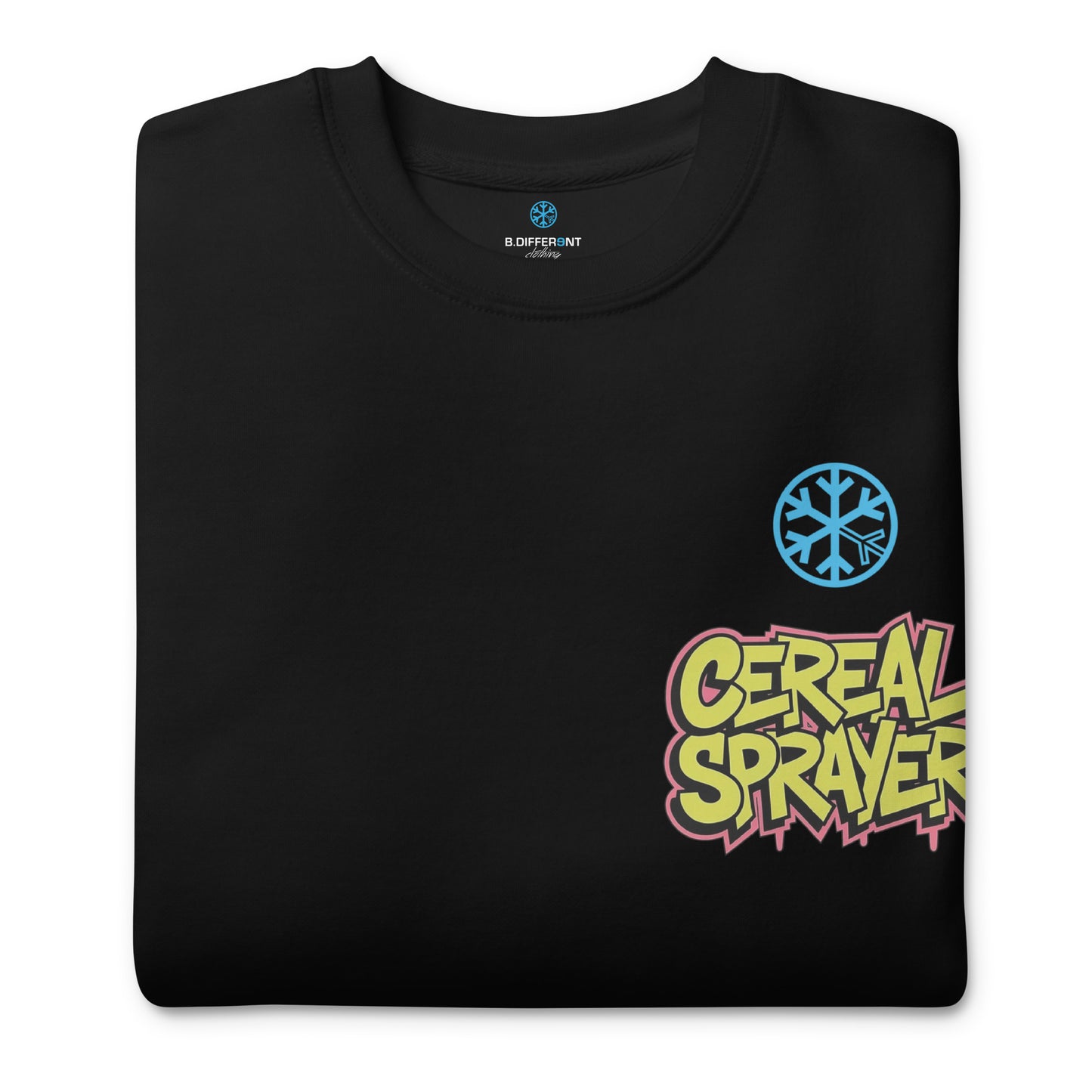 Black-Cereal Sprayer Graffiti Sweatshirt from B.Different Clothing, folded, graffiti-inspired streetwear