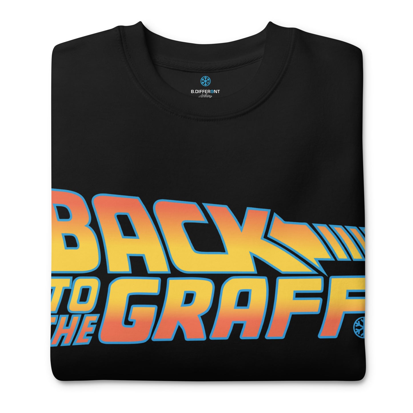 Black-Back to the Graff Sweatshirt from B.Different Clothing, folded, graffiti-inspired streetwear