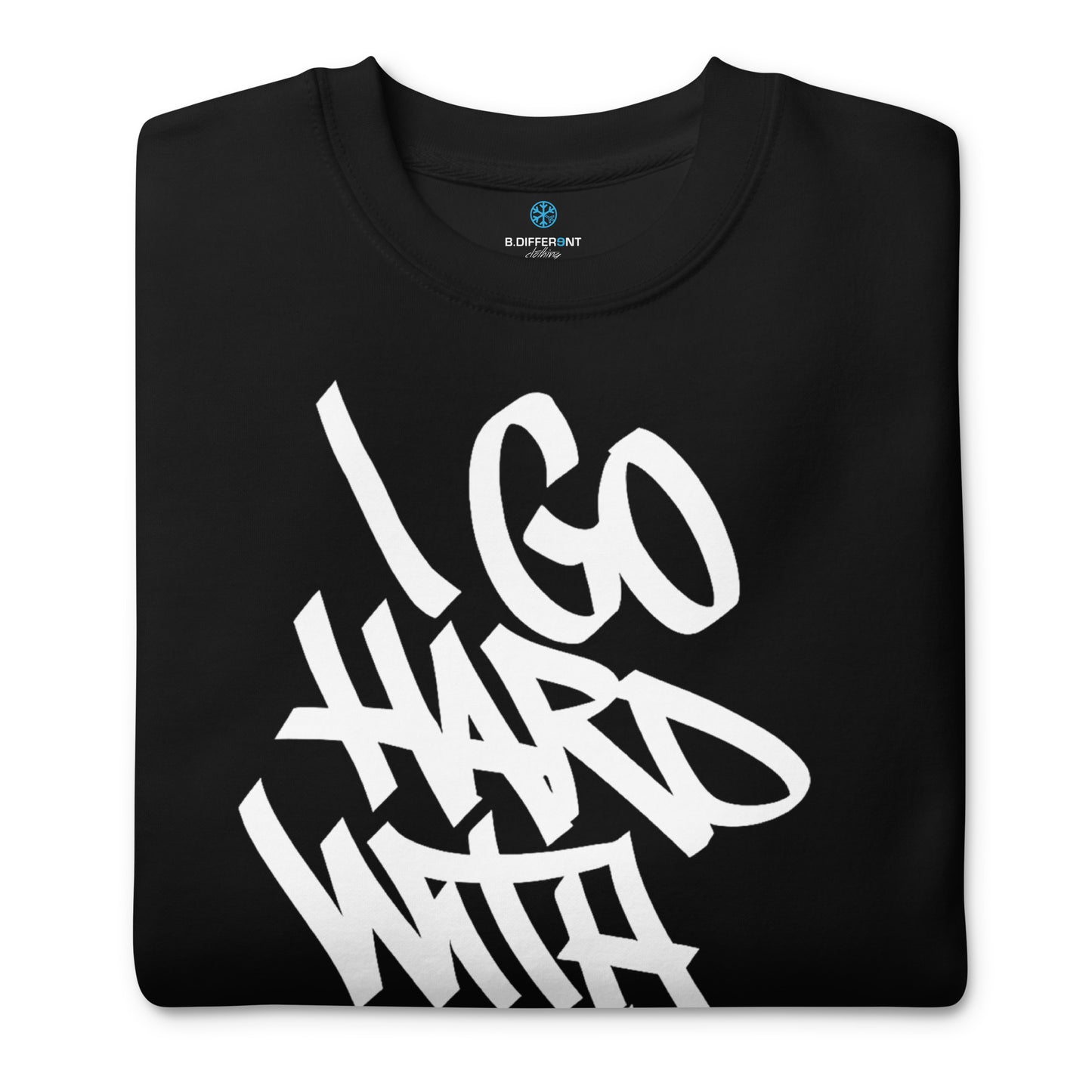 Black-I Go Hard With My Paint Graffiti Sweatshirt from B.Different Clothing, folded, graffiti-inspired streetwear
