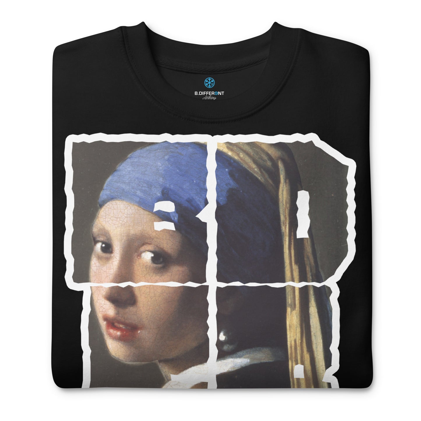 Black-BDFRNT Throwie x Girl With Pearl Earring Graffiti Sweatshirt from B.Different Clothing, folded, graffiti-inspired streetwear