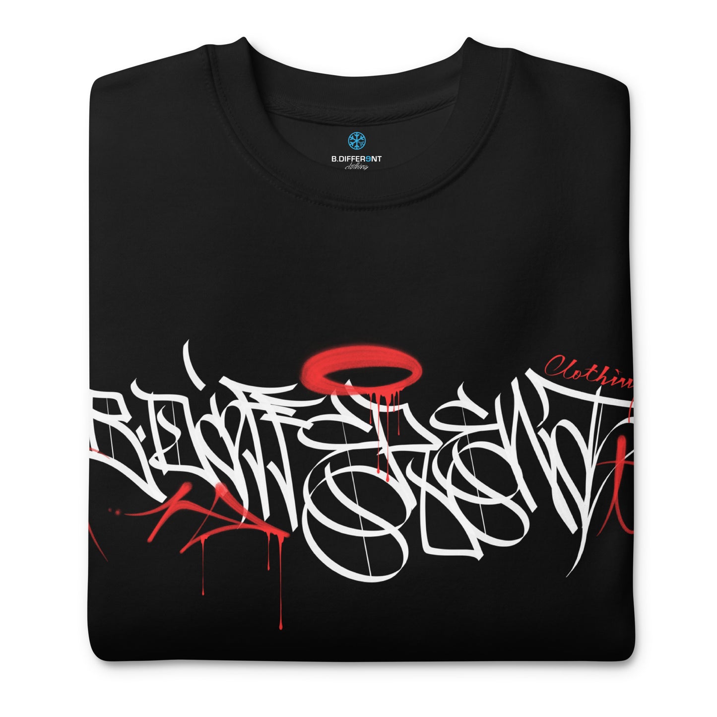 Black-Caos One Collab Graffiti Sweatshirt from B.Different Clothing, folded, graffiti-inspired streetwear