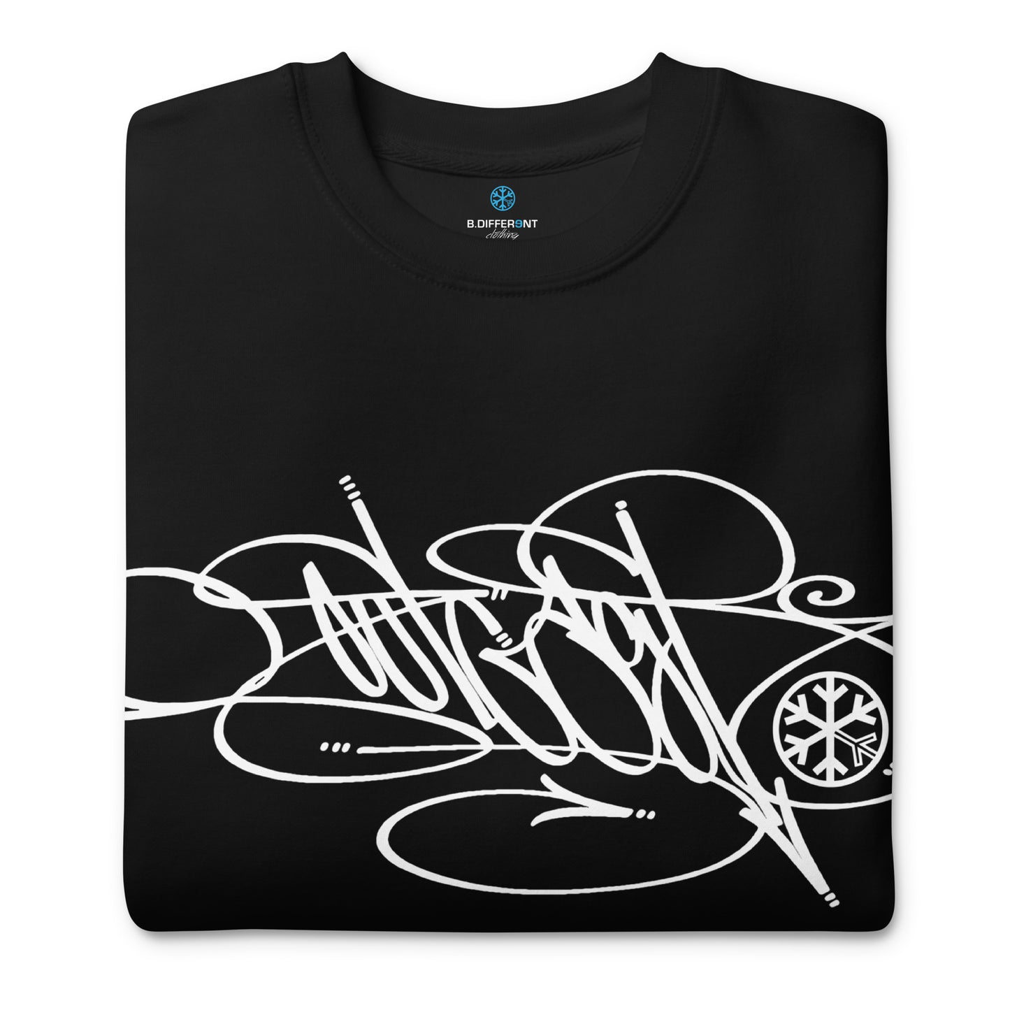 Black-Outcast Tag Sweatshirt by Graffiti Dad from B.Different Clothing, folded, graffiti-inspired streetwear