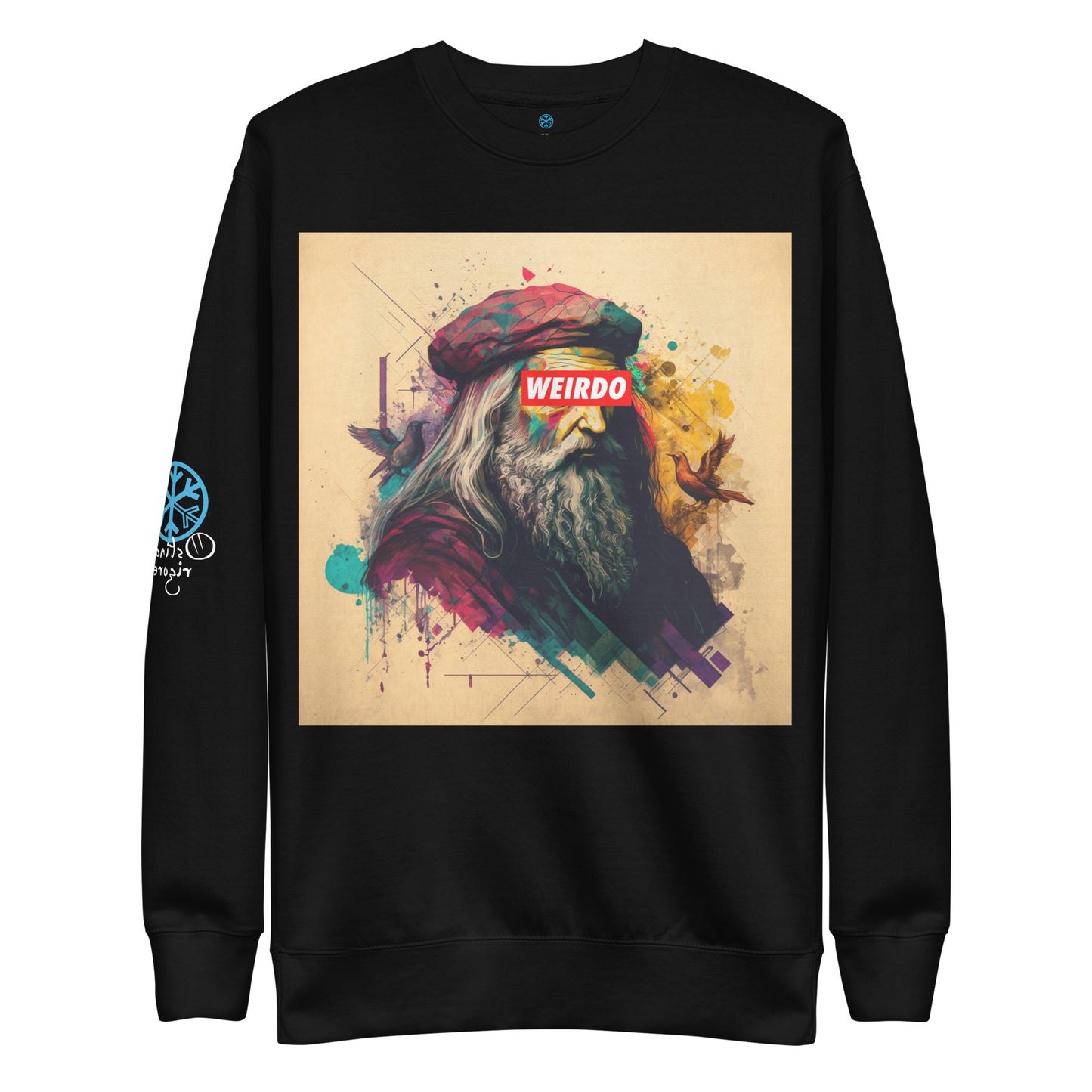 Black-Leonardo da Vinci Sweatshirt from B.Different Clothing, front view, graffiti-inspired streetwear