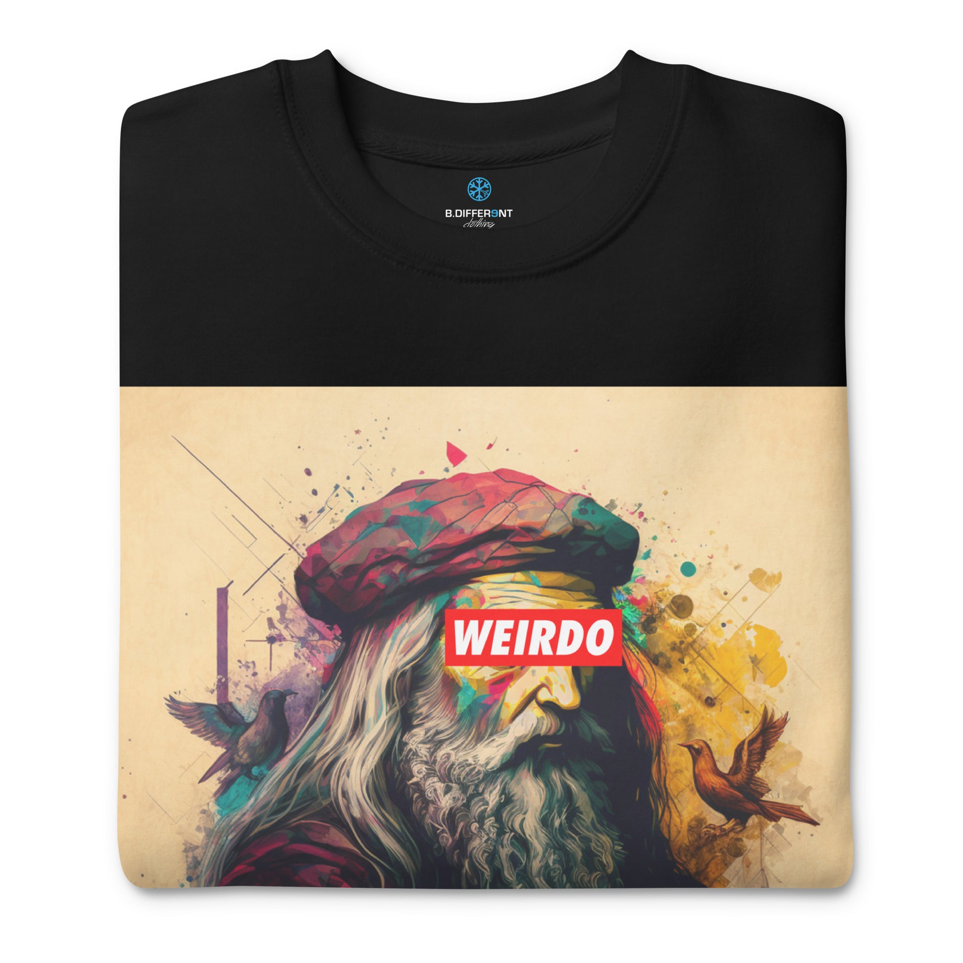 Black-Leonardo da Vinci Sweatshirt from B.Different Clothing, folded, graffiti-inspired streetwear