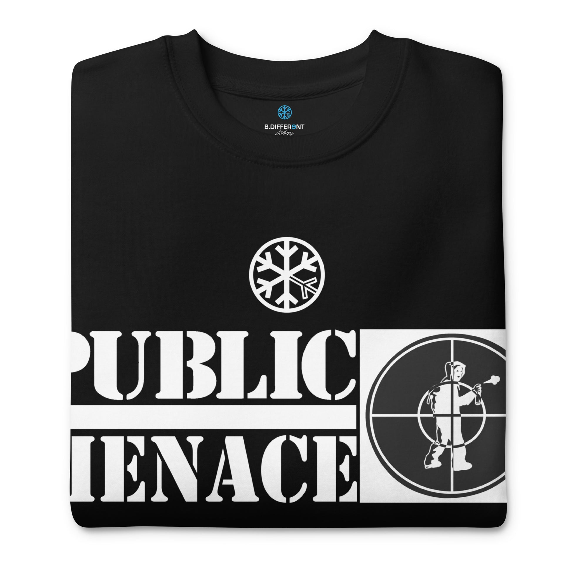 Black-Public Menace Graffiti Sweatshirt from B.Different Clothing, folded, graffiti-inspired streetwear