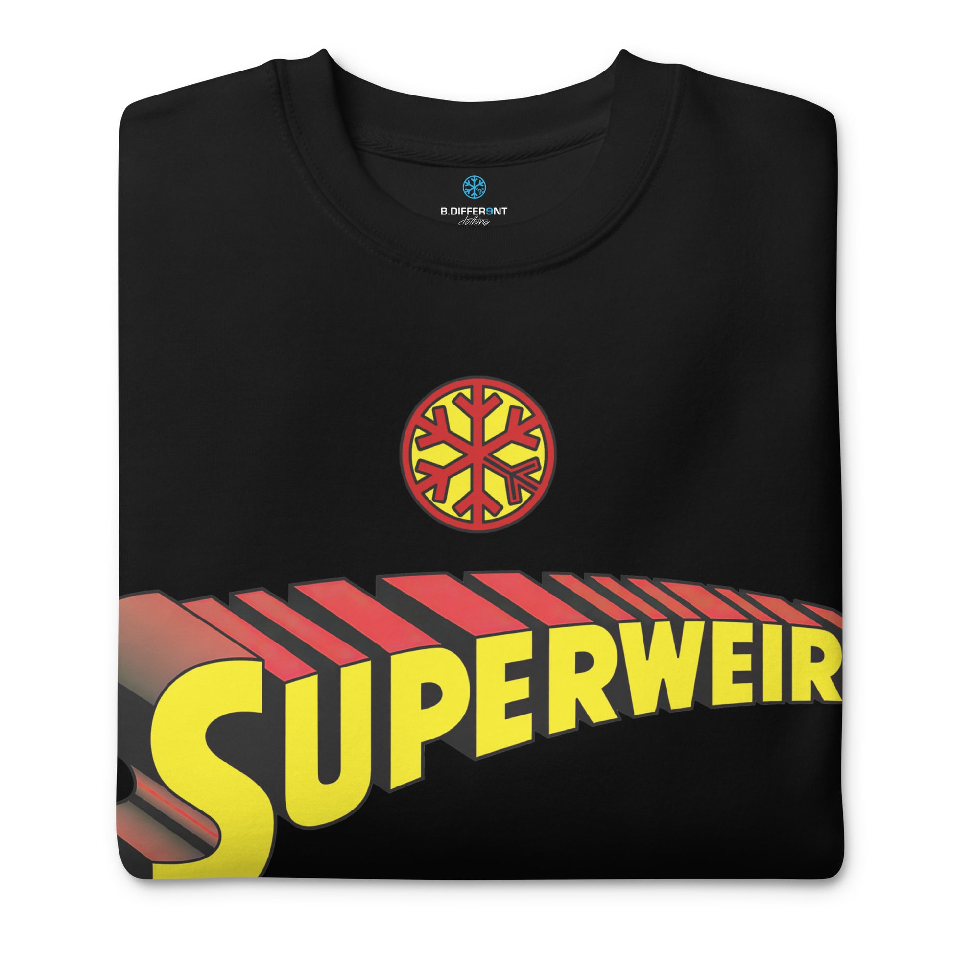 Black-Superweird Sweatshirt from B.Different Clothing, folded, graffiti-inspired streetwear