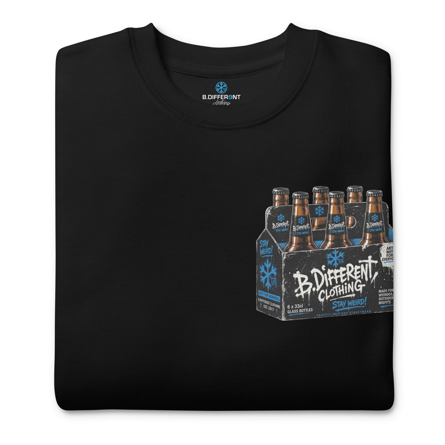 Black-Six Pack Beer Graffiti Sweatshirt from B.Different Clothing, folded, graffiti-inspired streetwear