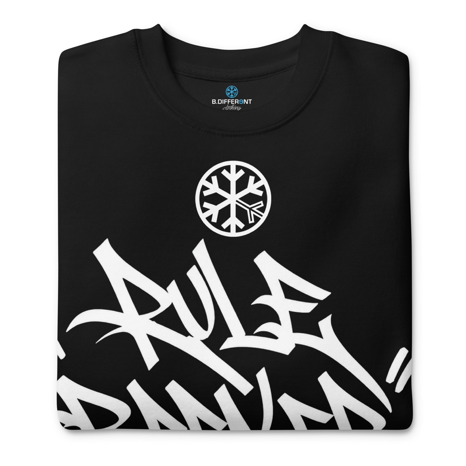 Black-Rule Breaker Graffiti Tag Sweatshirt from B.Different Clothing, folded, graffiti-inspired streetwear