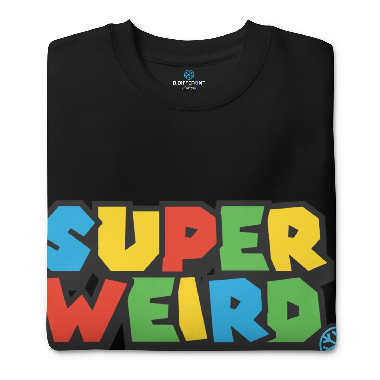 Black-Super Weird Bros Sweatshirt from B.Different Clothing, folded, graffiti-inspired streetwear