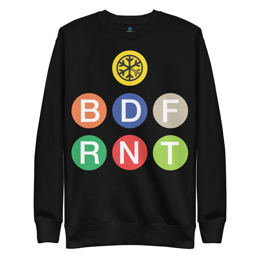 Black-BDFRNT NYC Subway Sweatshirt from B.Different Clothing, front view, graffiti-inspired streetwear