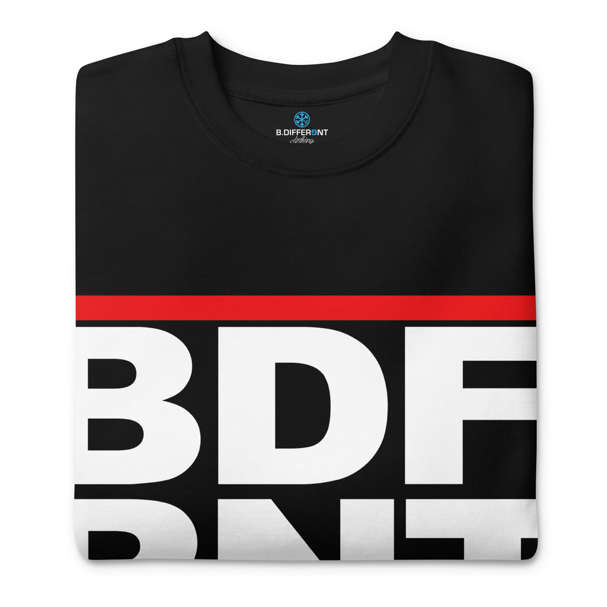 Black-BDFRNT OG Logo Sweatshirt from B.Different Clothing, folded, graffiti-inspired streetwear
