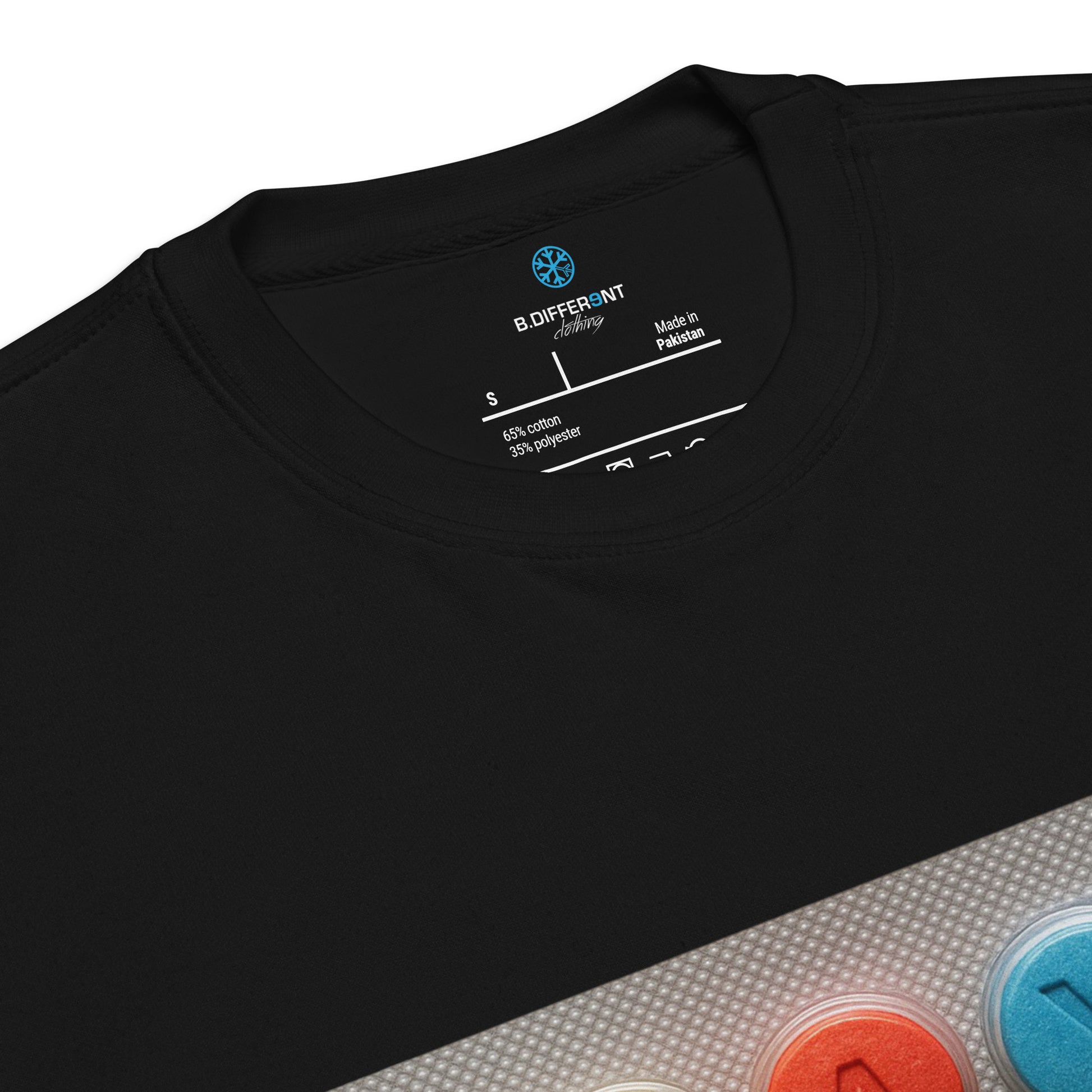 Black-Stay Weird Pills Sweatshirt from B.Different Clothing, collar, graffiti-inspired streetwear