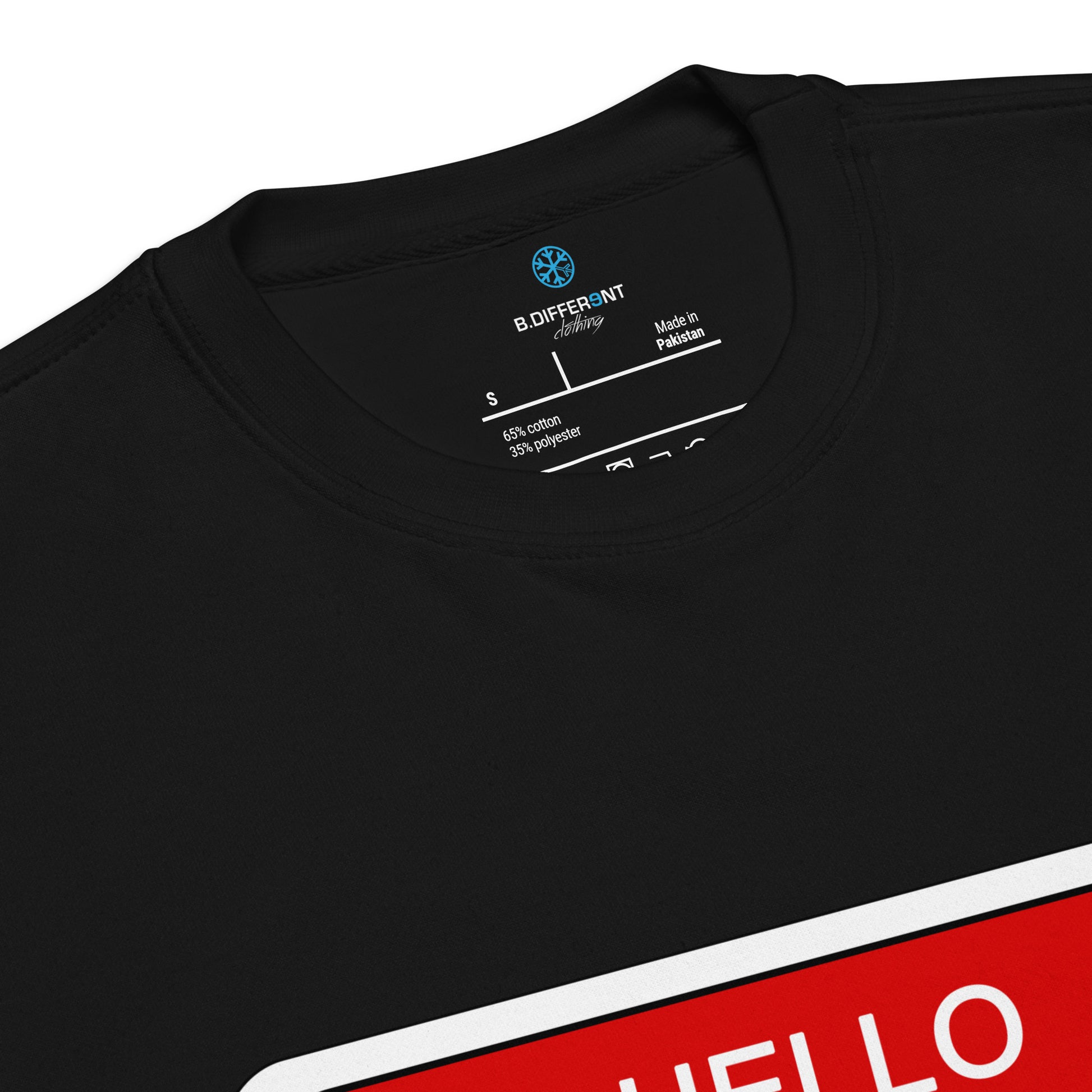 Black-Hello My Name Is Sticker Graffiti Sweatshirt from B.Different Clothing, collar, graffiti-inspired streetwear