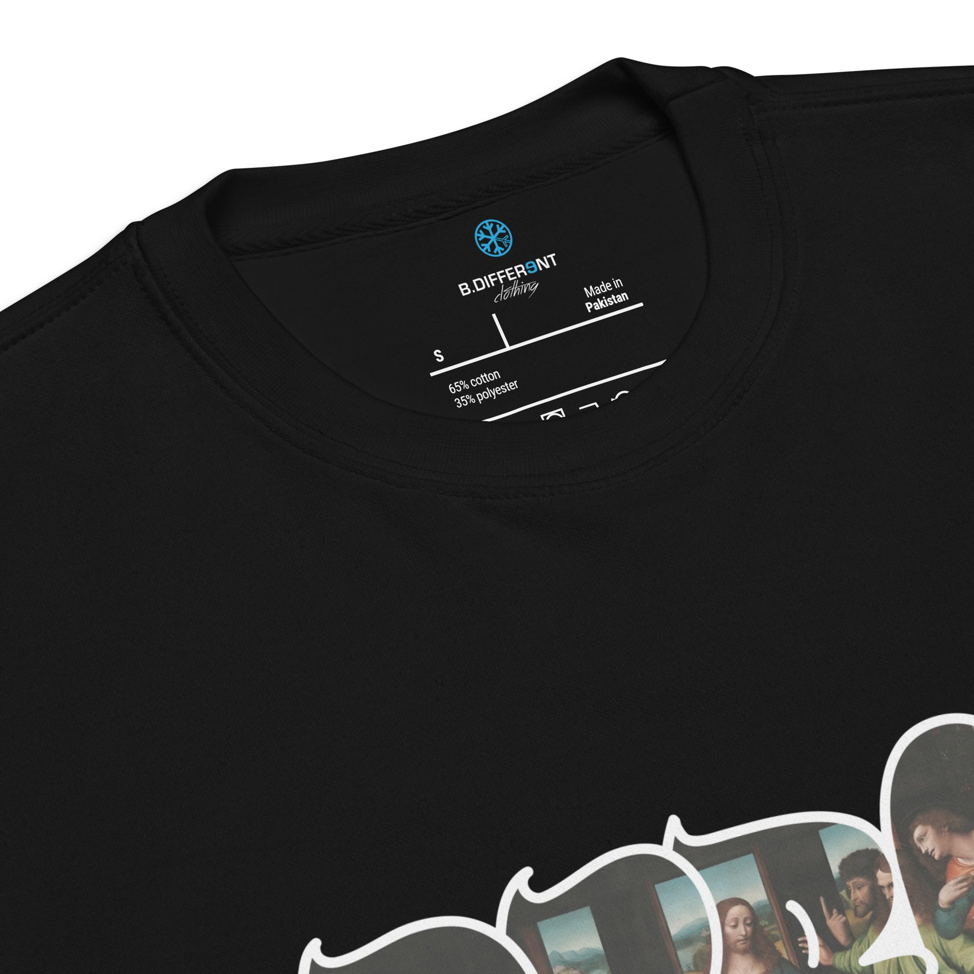 Black-BDFRNT Throwie x Last Supper Graffiti Sweatshirt from B.Different Clothing, collar, graffiti-inspired streetwear