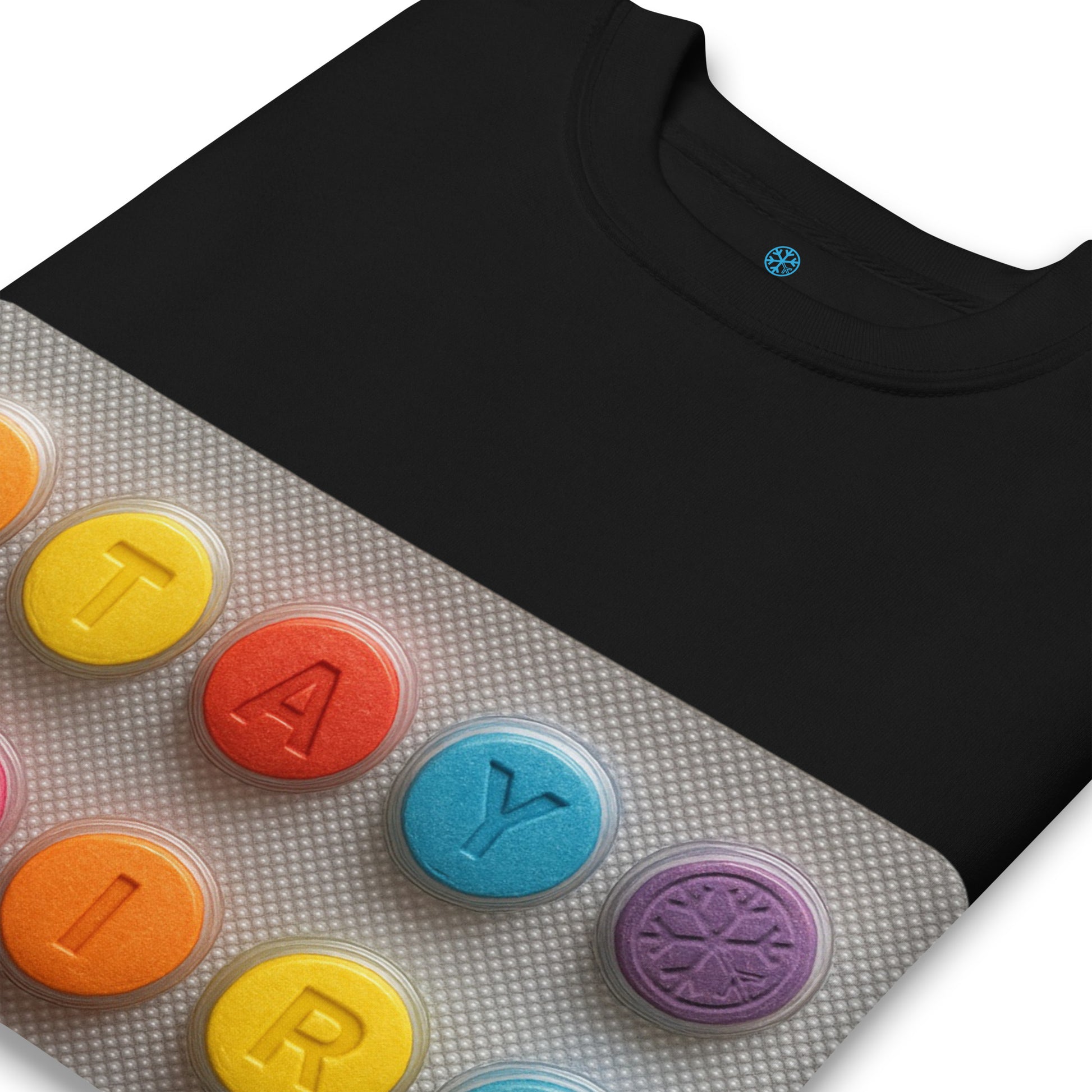 Black-Stay Weird Pills Sweatshirt from B.Different Clothing, detail, graffiti-inspired streetwear