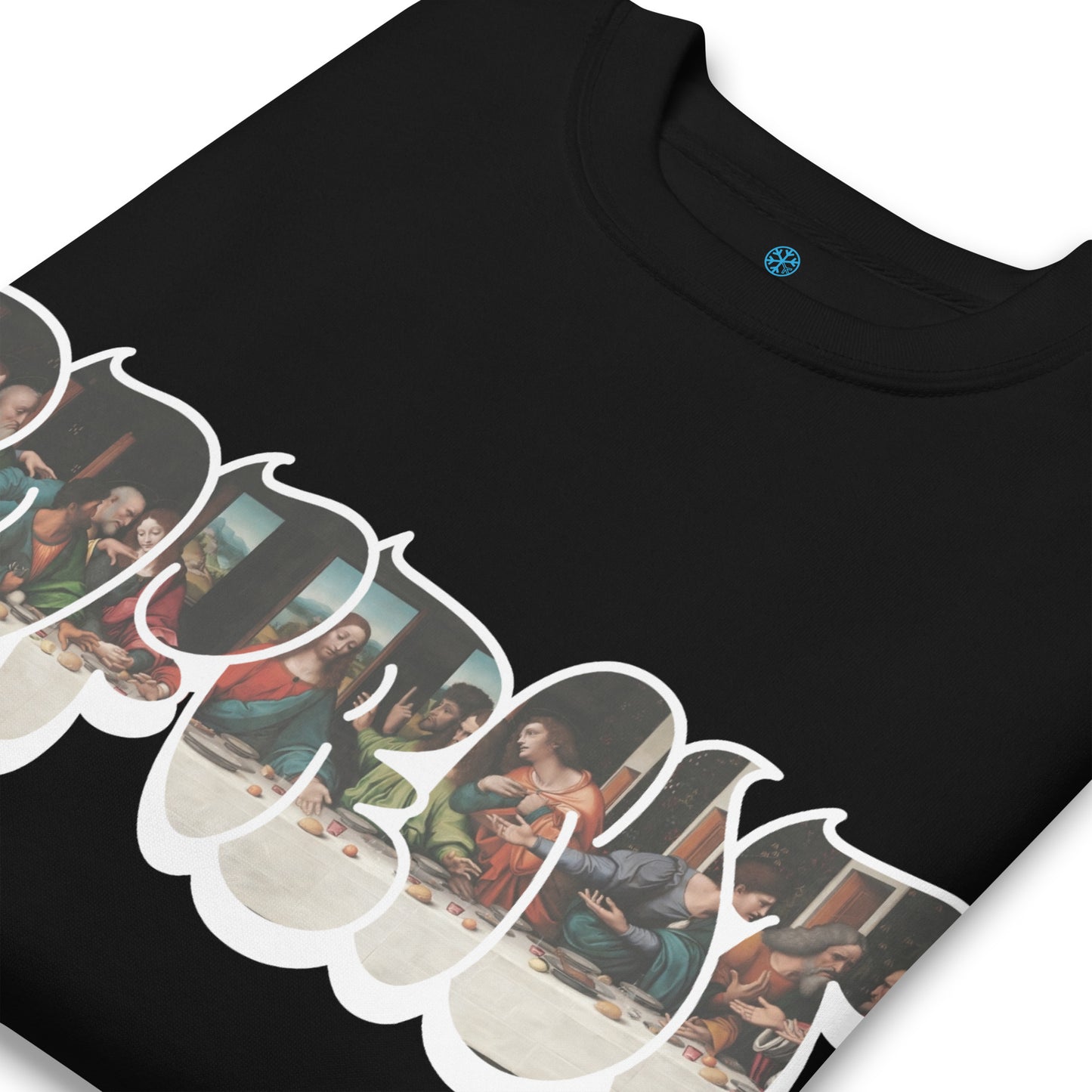 Black-BDFRNT Throwie x Last Supper Graffiti Sweatshirt from B.Different Clothing, detail, graffiti-inspired streetwear