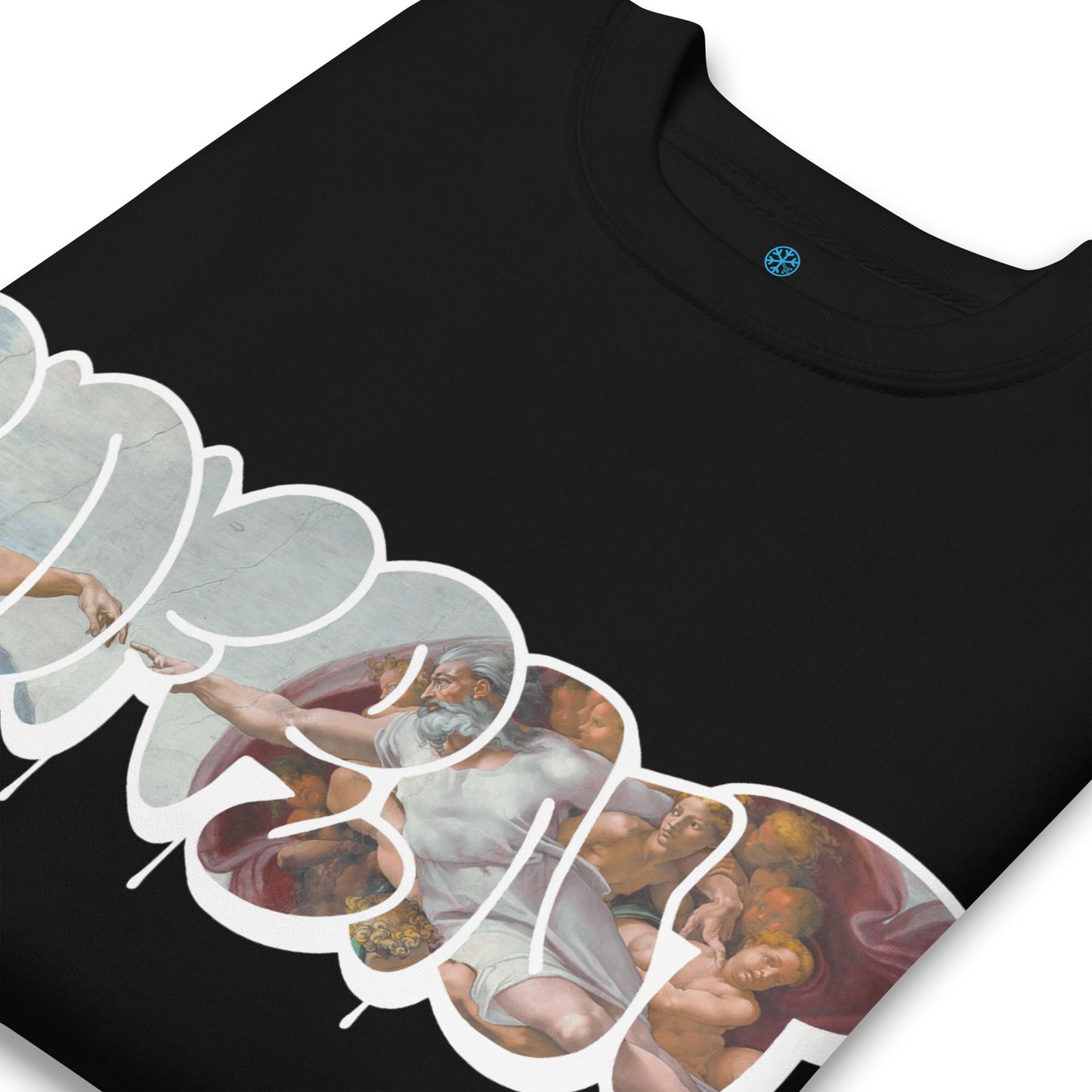 Black-BDFRNT Throwie x Creation of Adam Graffiti Sweatshirt from B.Different Clothing, detail, graffiti-inspired streetwear