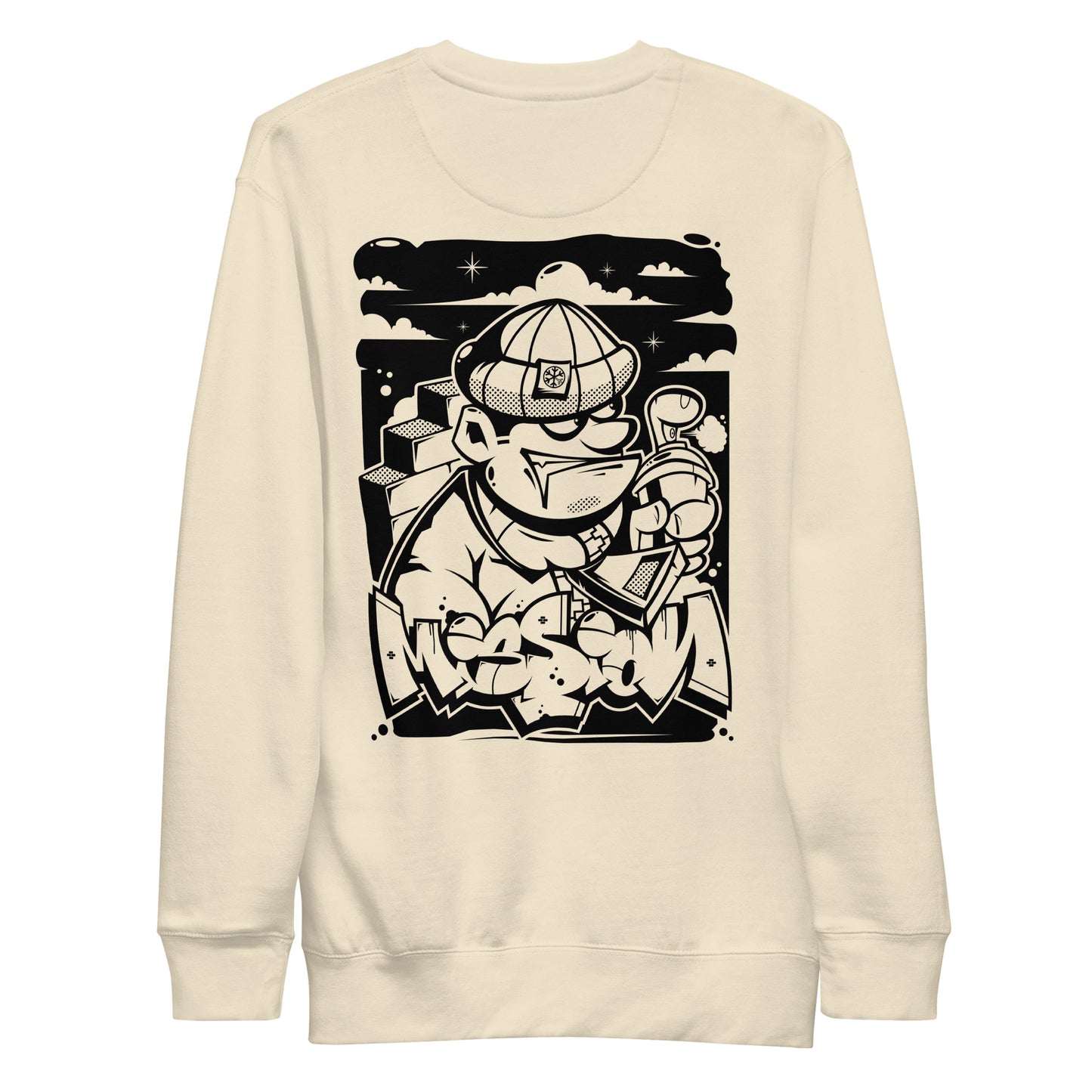 Beige-Mission Graffiti Character Sweatshirt from B.Different Clothing, front view, graffiti-inspired streetwear