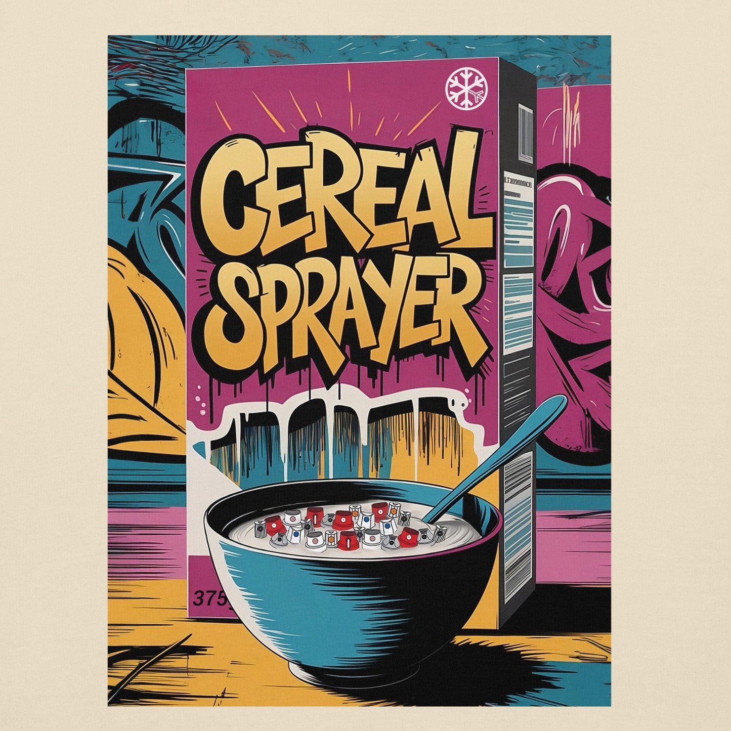 Beige-Cereal Sprayer Graffiti Sweatshirt from B.Different Clothing, graphic, graffiti-inspired streetwear