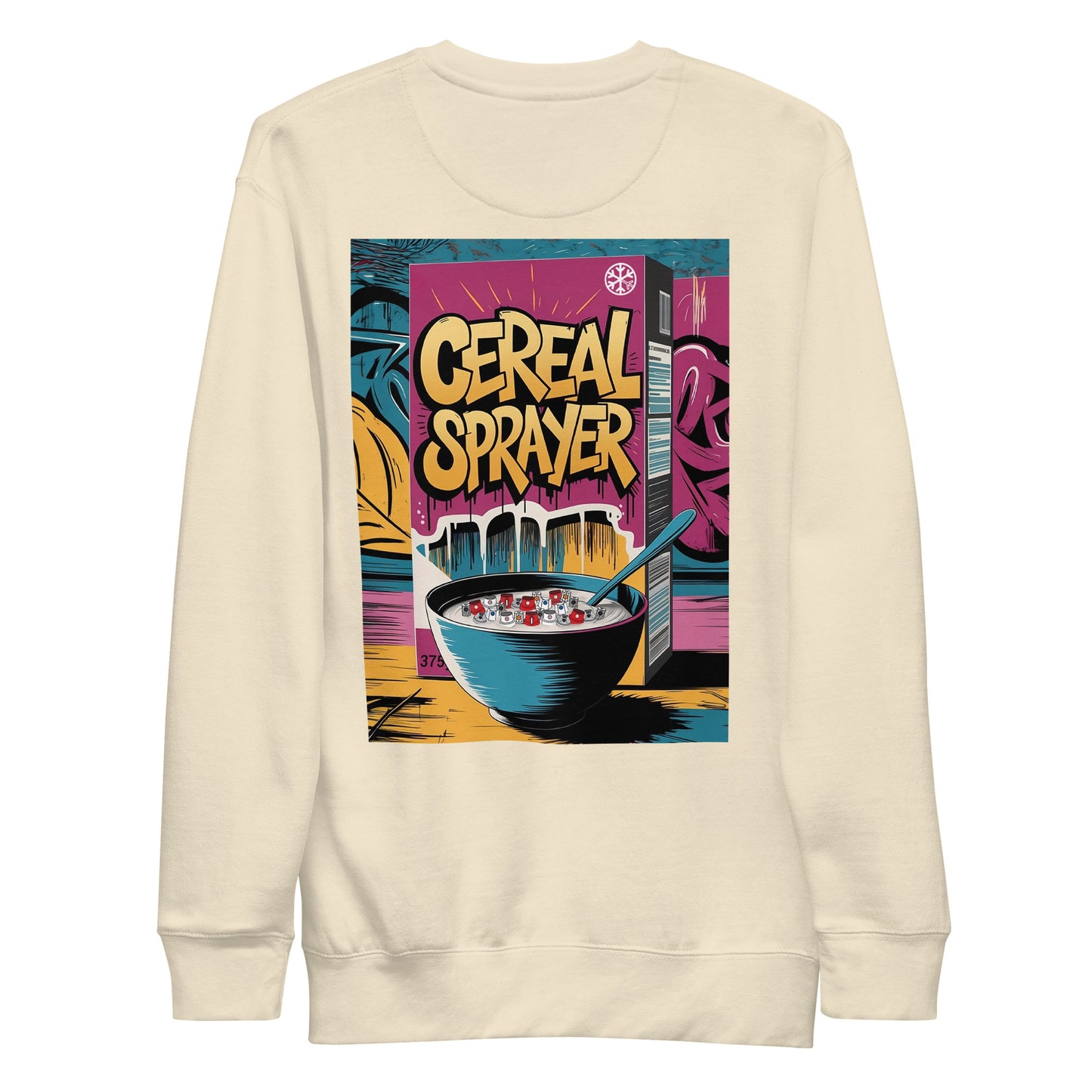Beige-Cereal Sprayer Graffiti Sweatshirt from B.Different Clothing, back view, graffiti-inspired streetwear