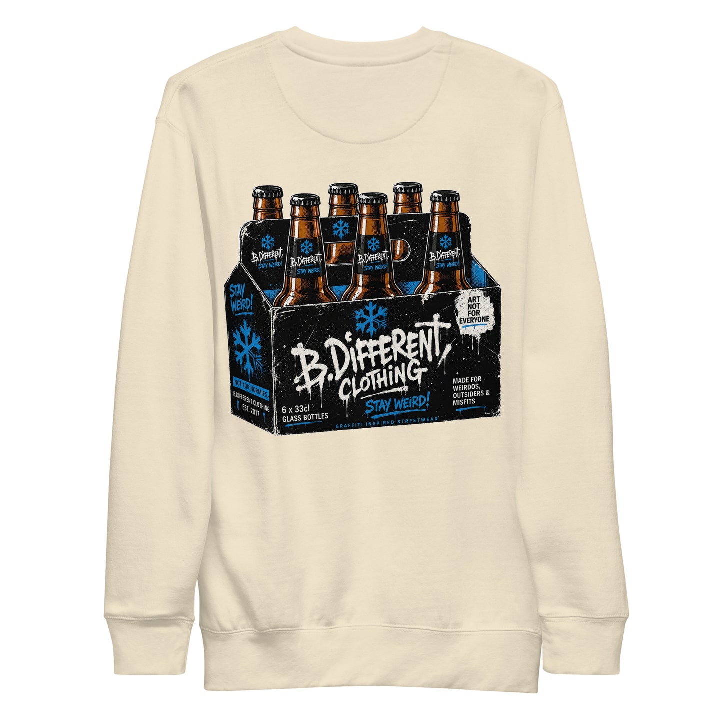Beige-Six Pack Beer Graffiti Sweatshirt from B.Different Clothing, back view, graffiti-inspired streetwear