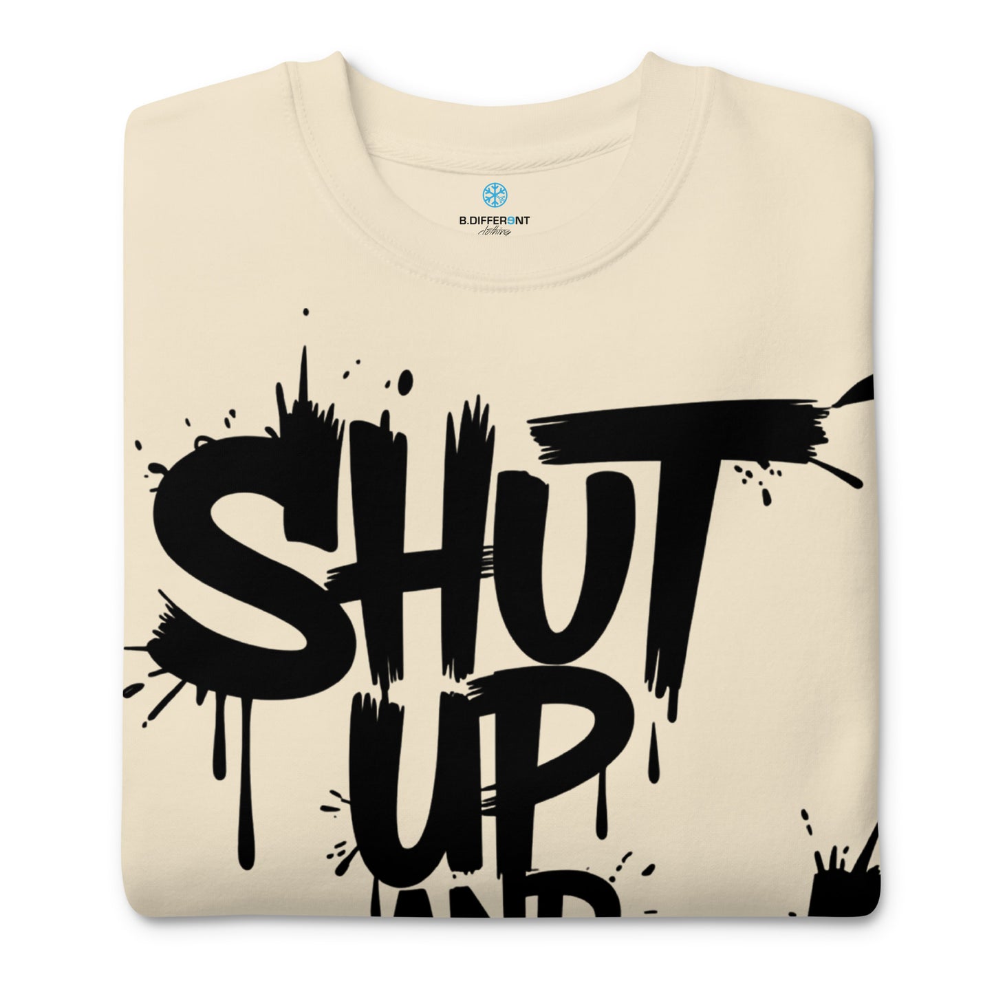 Beige-Shut Up and Paint Graffiti Sweatshirt from B.Different Clothing, folded, graffiti-inspired streetwear