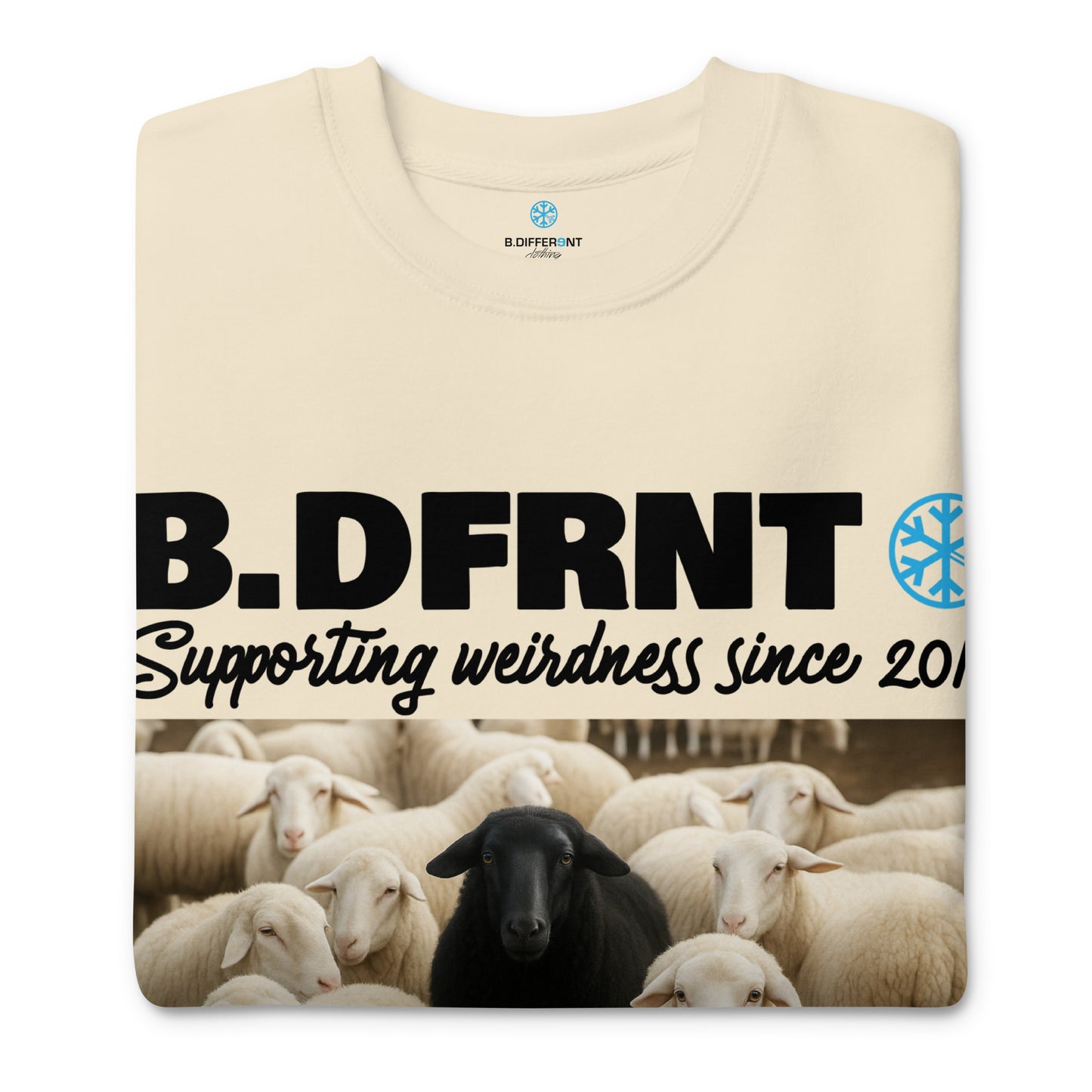 Beige-Black Sheep Sweatshirt from B.Different Clothing, folded, graffiti-inspired streetwear