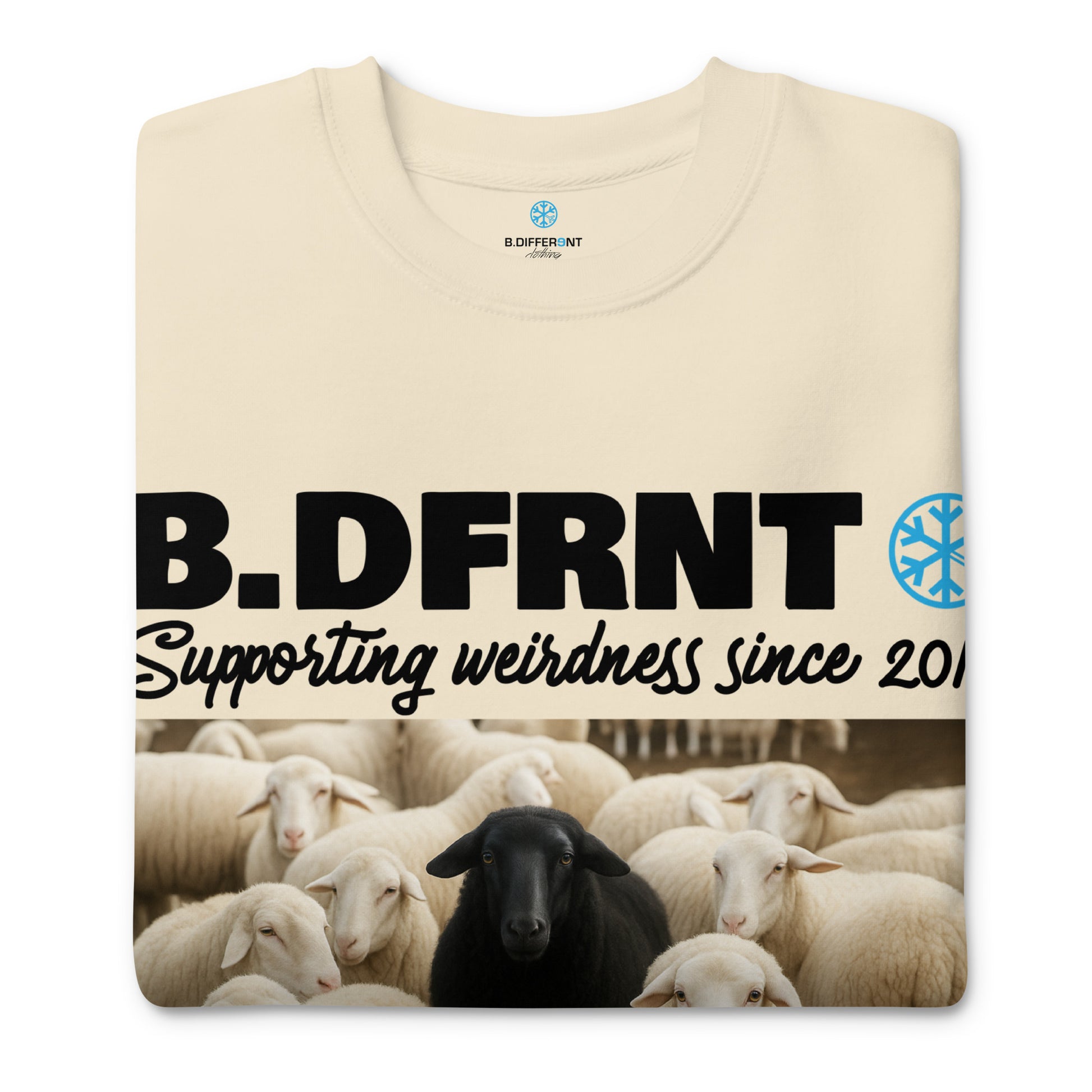 Beige-Black Sheep Sweatshirt from B.Different Clothing, folded, graffiti-inspired streetwear
