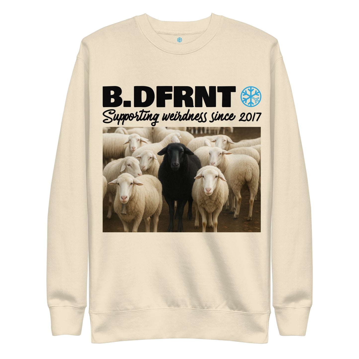 Beige-Black Sheep Sweatshirt from B.Different Clothing, front view, graffiti-inspired streetwear