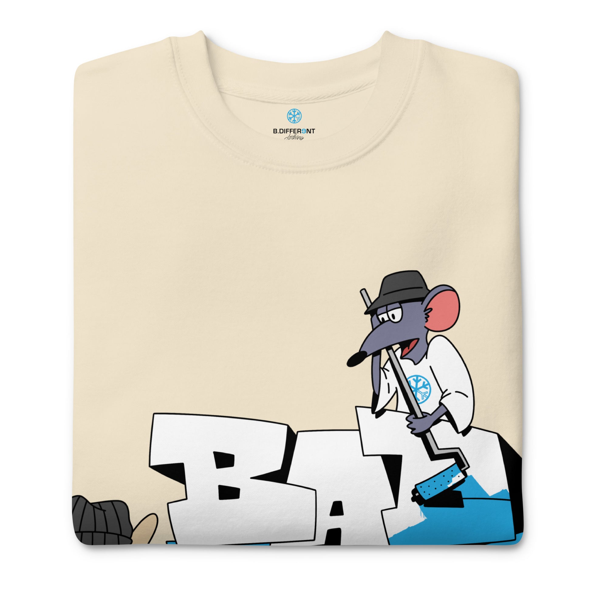 Beige-Bad Boy Graffiti Sweatshirt from B.Different Clothing, folded, graffiti-inspired streetwear