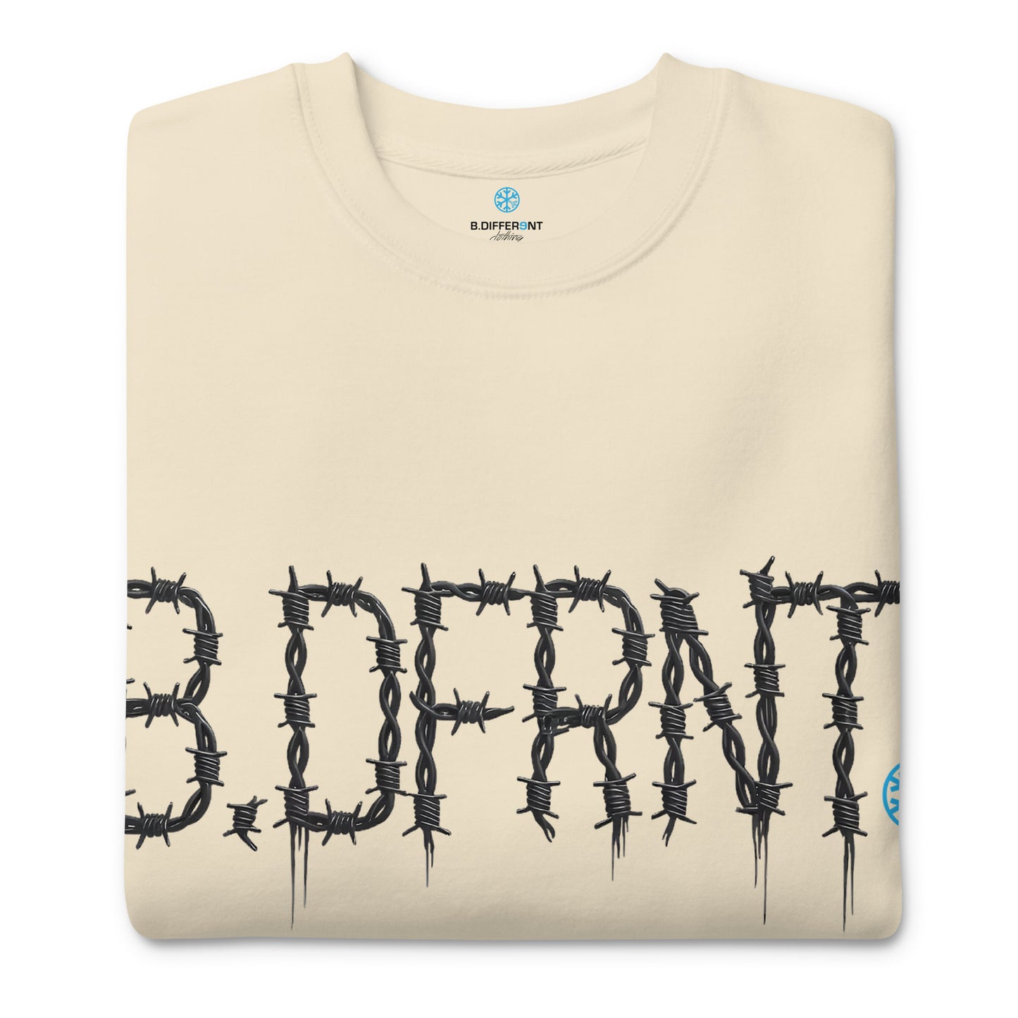 Beige-B.DFRNT Barbed Wire Sweatshirt from B.Different Clothing, folded, graffiti-inspired streetwear