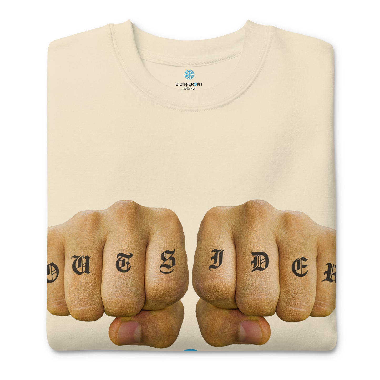 Beige-Outsider Tattoo Sweatshirt from B.Different Clothing, folded, graffiti-inspired streetwear