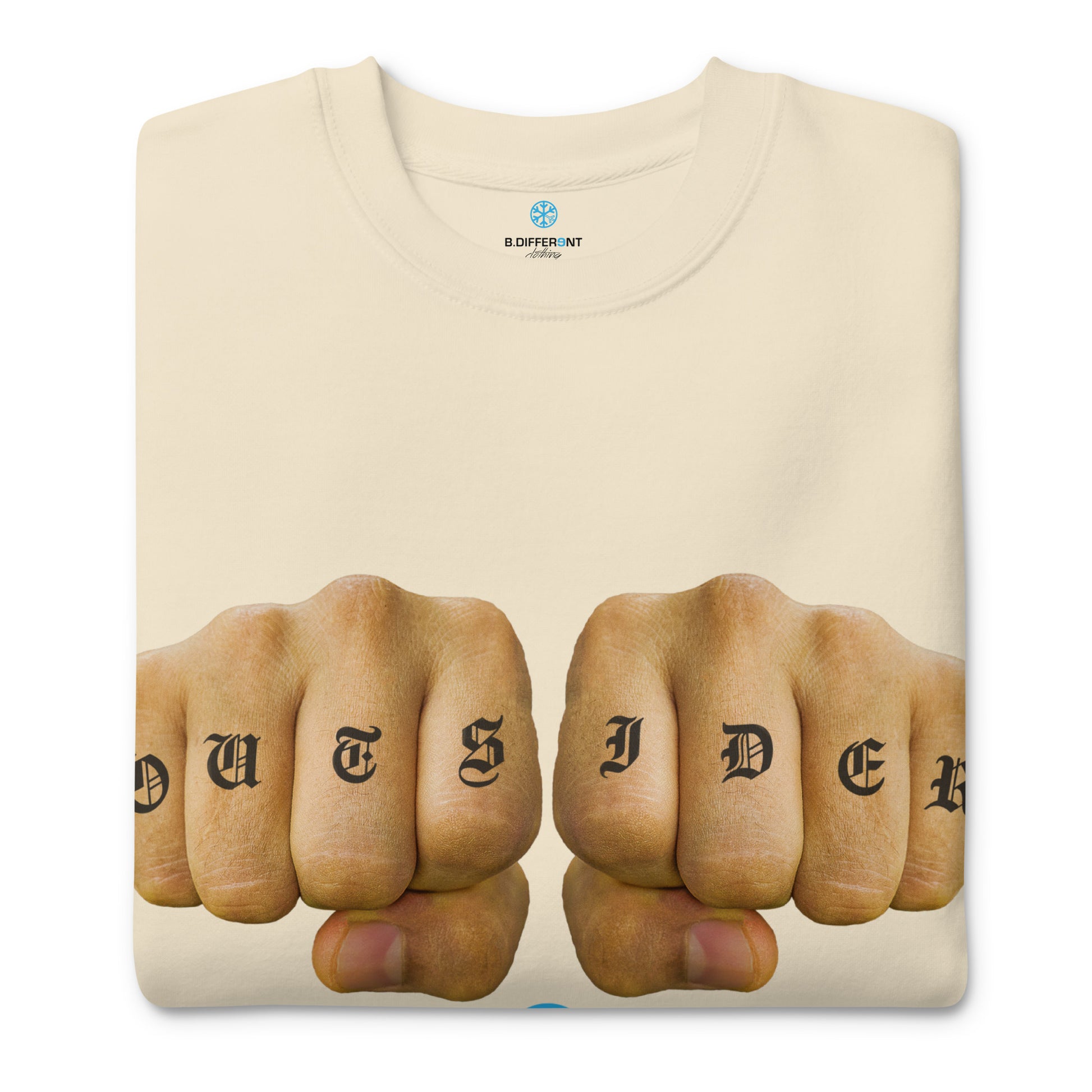Beige-Outsider Tattoo Sweatshirt from B.Different Clothing, folded, graffiti-inspired streetwear