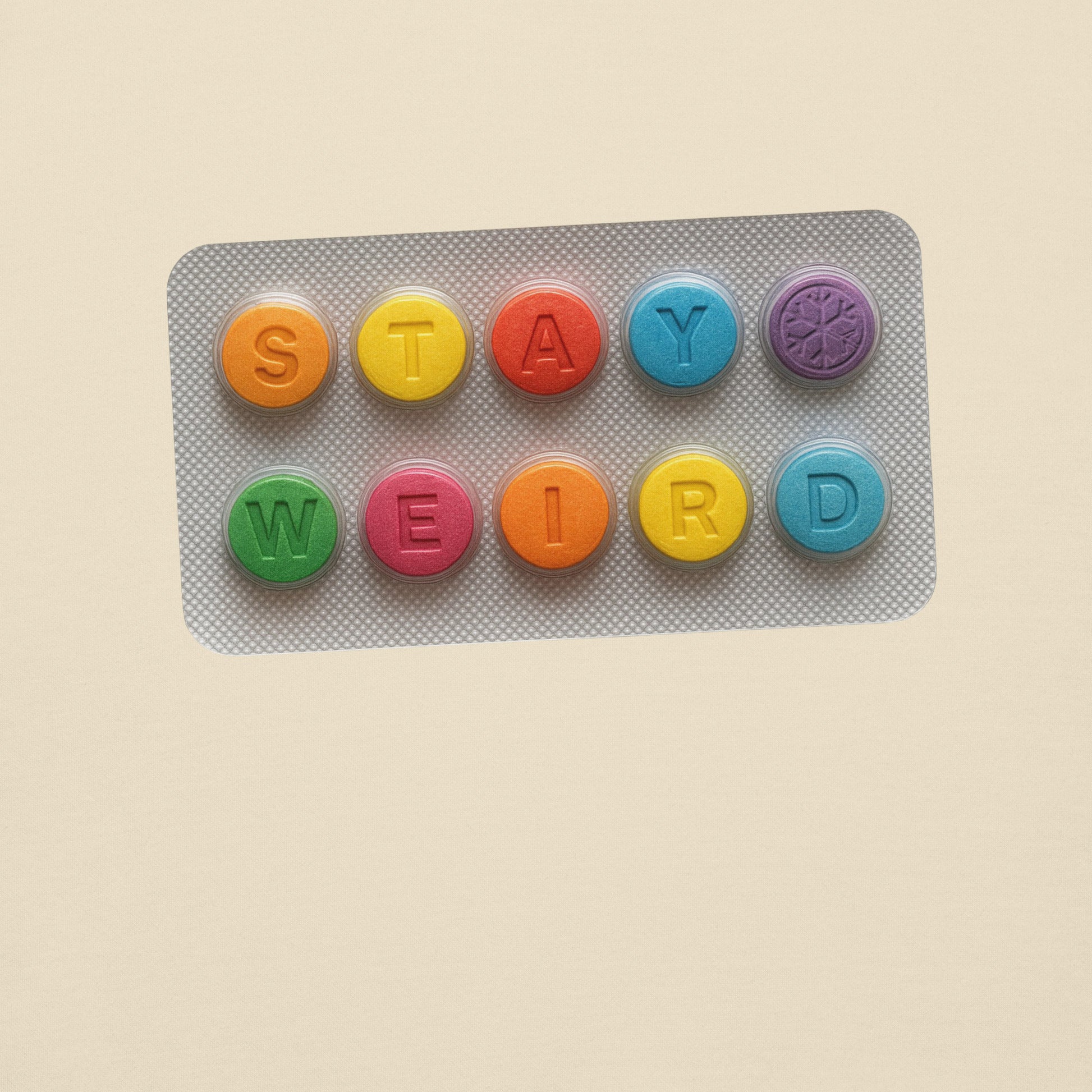 Beige-Stay Weird Pills Sweatshirt from B.Different Clothing, graphic, graffiti-inspired streetwear