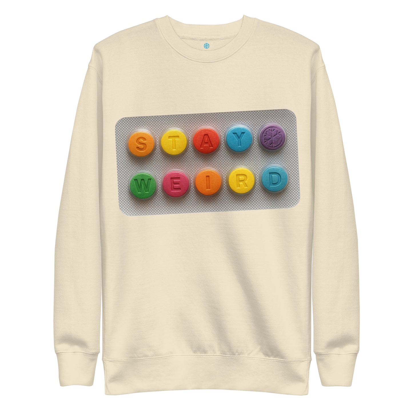 Beige-Stay Weird Pills Sweatshirt from B.Different Clothing, front view, graffiti-inspired streetwear