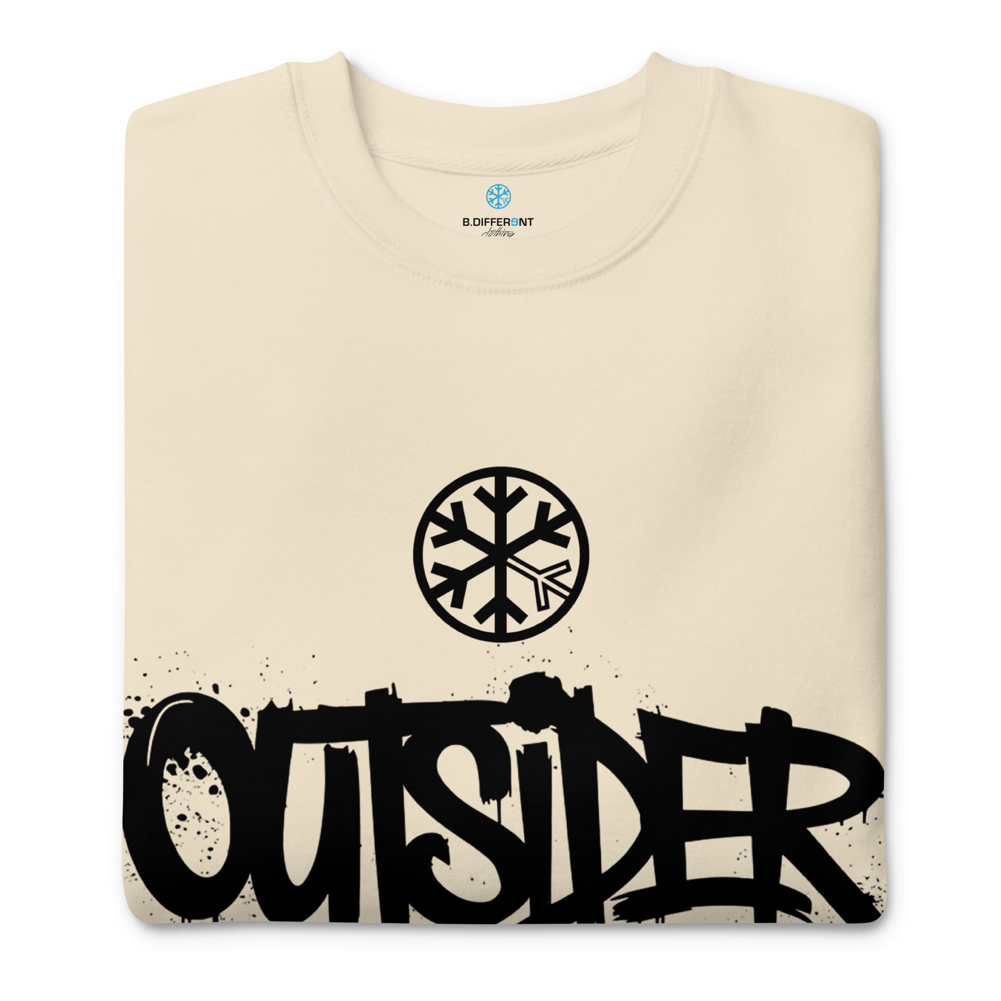 Beige-Outsider Graffiti Tag Sweatshirt from B.Different Clothing, folded, graffiti-inspired streetwear