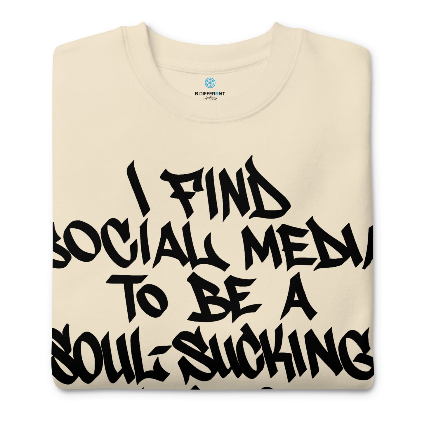 Beige-Social Media Graffiti Tag Sweatshirt from B.Different Clothing, folded, graffiti-inspired streetwear
