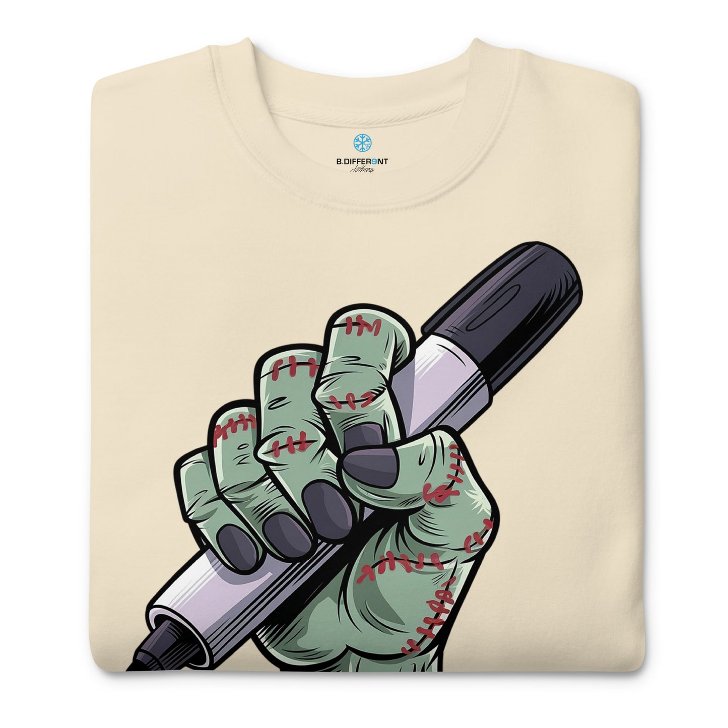 Beige-Thing Graffiti Sweatshirt from B.Different Clothing, folded, graffiti-inspired streetwear